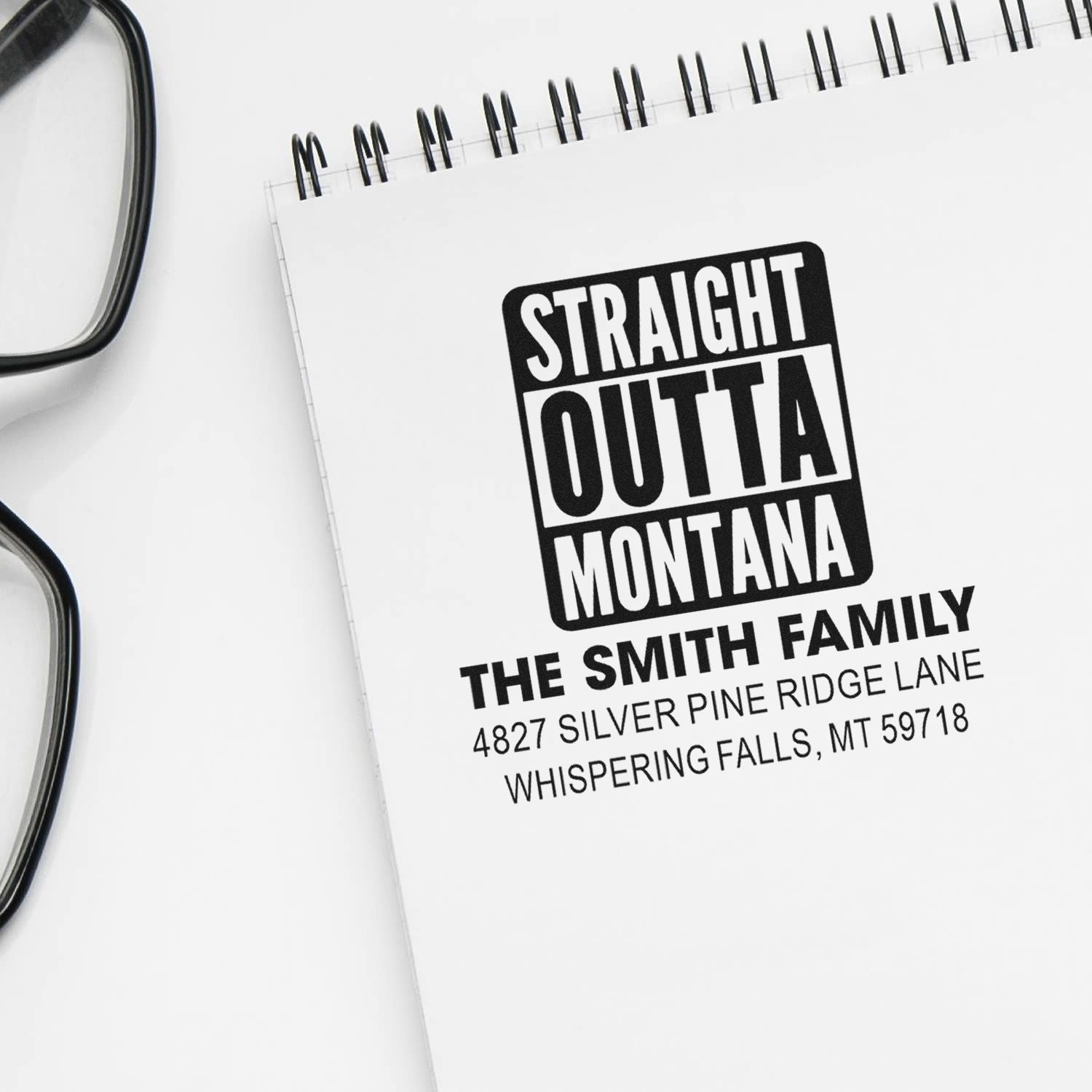 Custom Straight Outta Montana rubber address stamp for The Smith Family, featuring name and full mailing address.