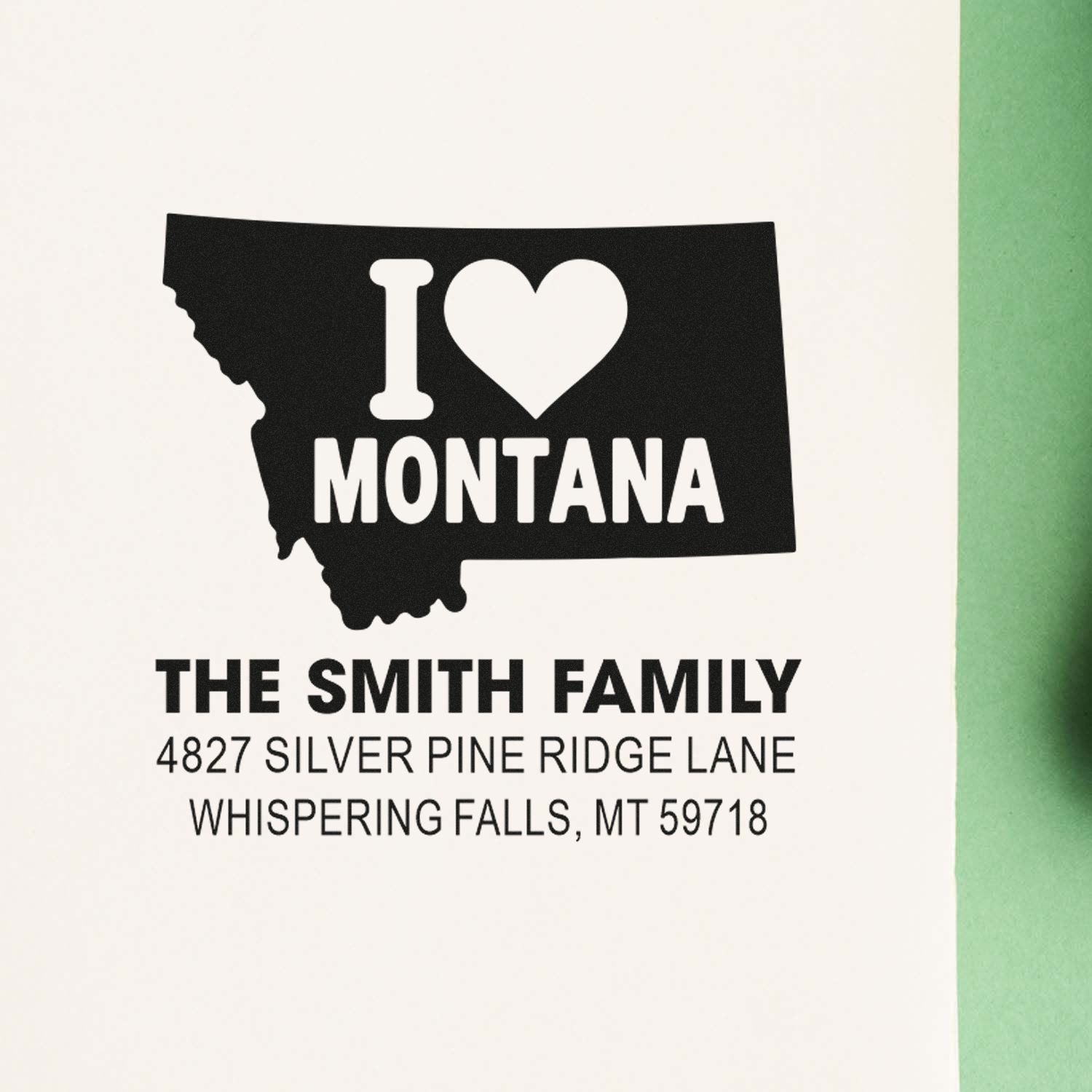 Custom Montana rubber stamp with I Love Montana, The Smith Family name, and personalized return address.