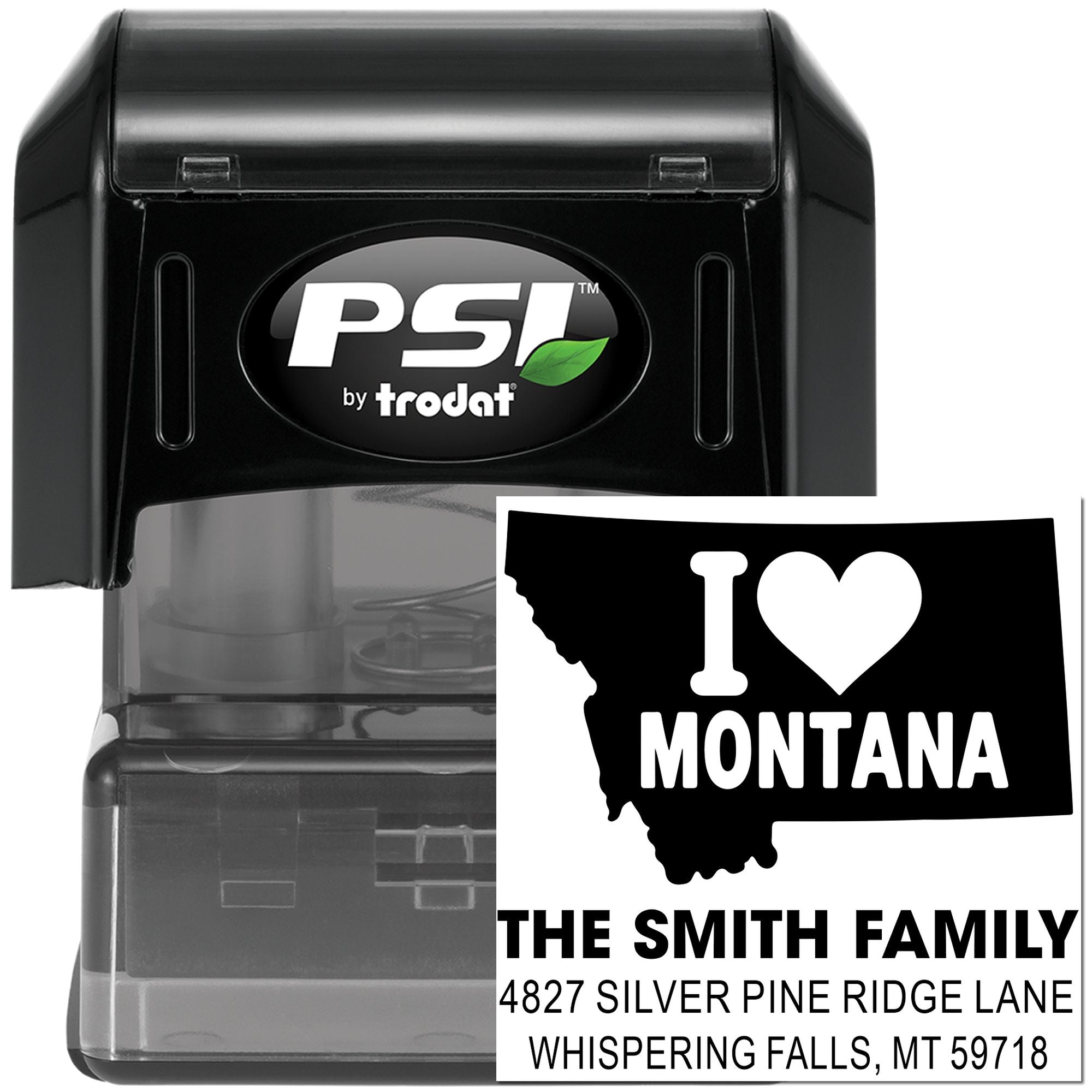 Custom self-inking rubber address stamp with Montana I Love Montana design and family name for personalized mailing.