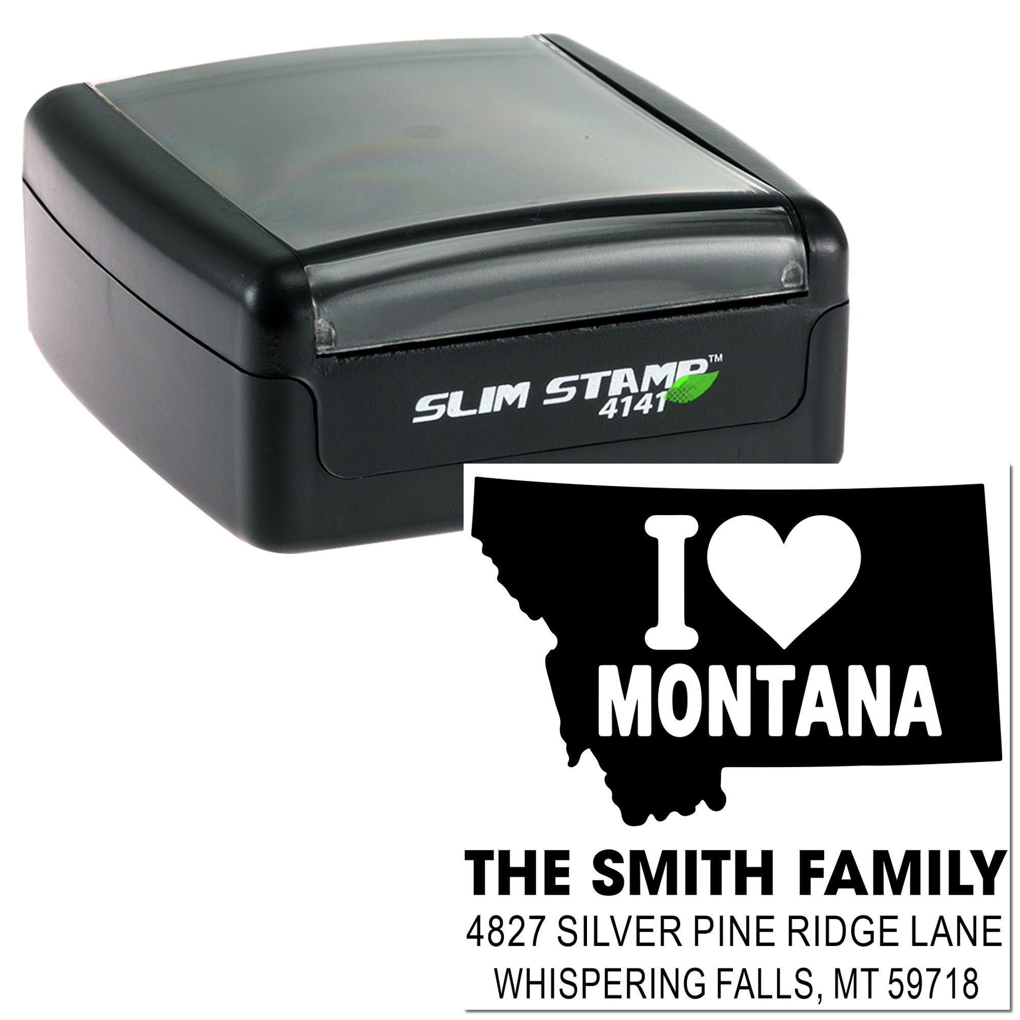 Custom self-inking Slim Stamp 4141 rubber stamp with I Love Montana return address design for personalized mailing.