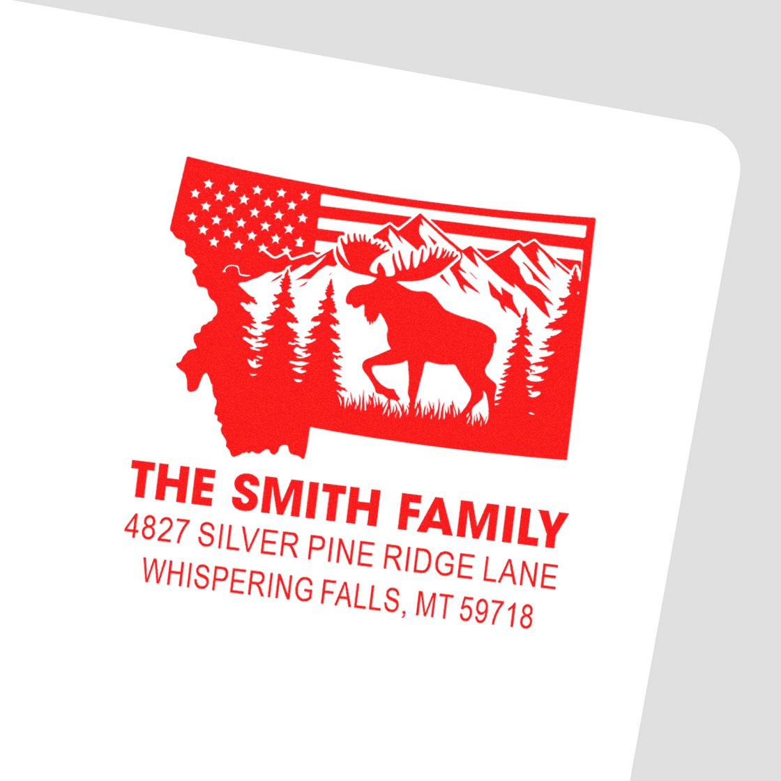 Custom family address rubber stamp with Montana moose, mountain and state design for The Smith Family, Whispering Falls, MT 59718.