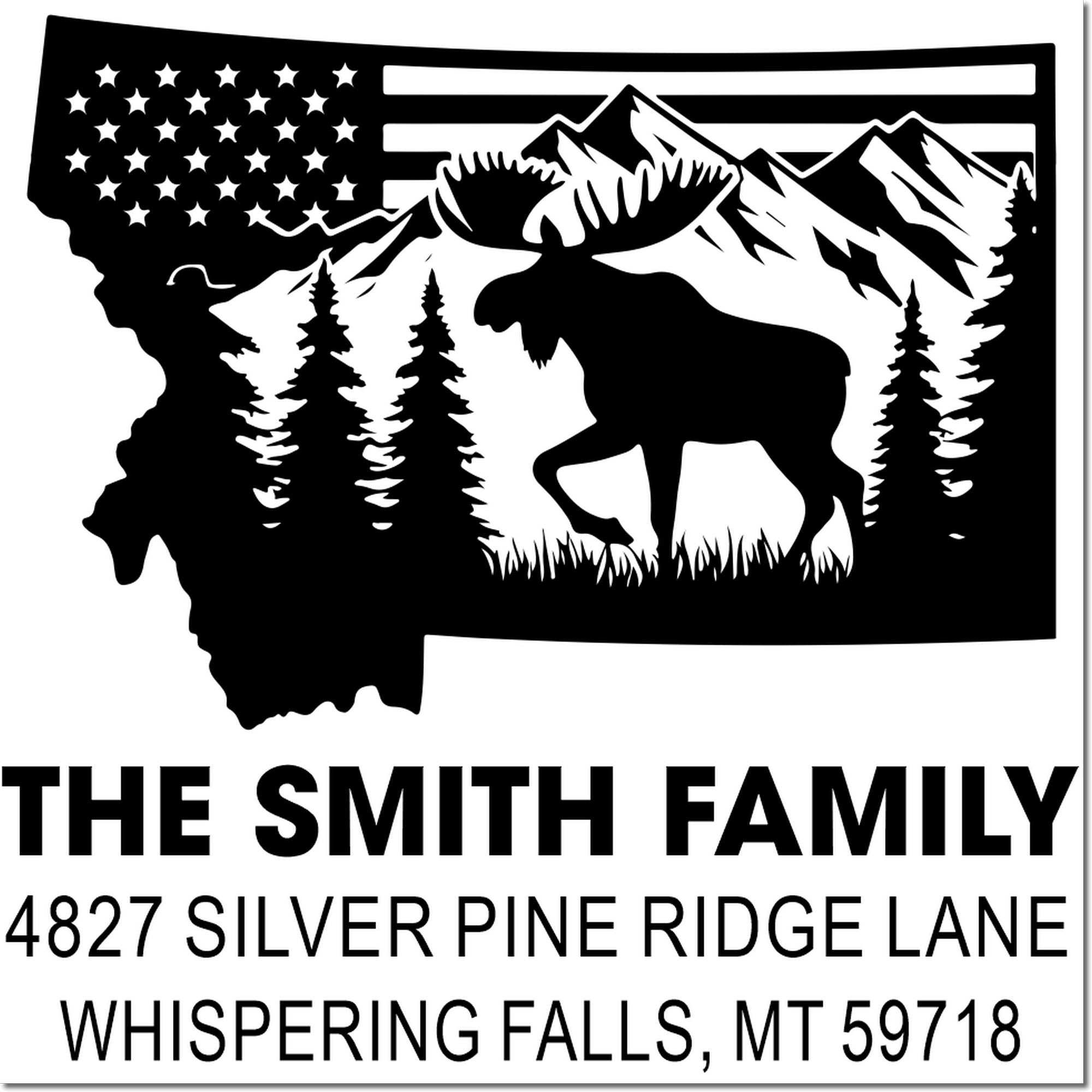 Montana address rubber stamp design with moose, mountains, American flag, and personalized family name and mailing address.