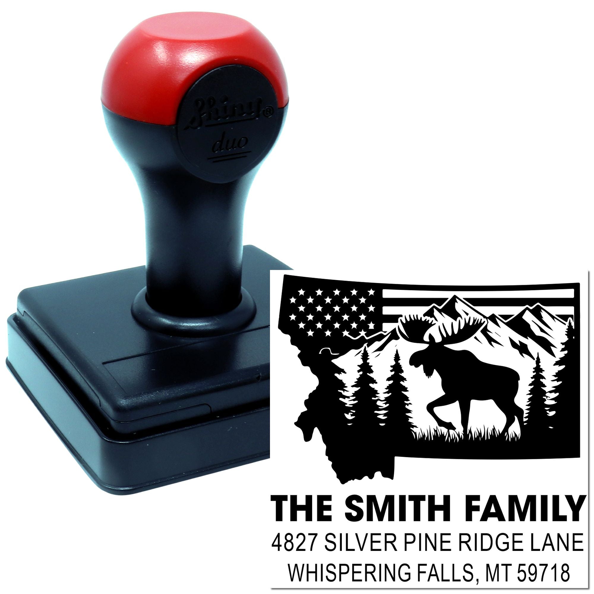 Self-inking custom address rubber stamp with Montana moose design for The Smith Family