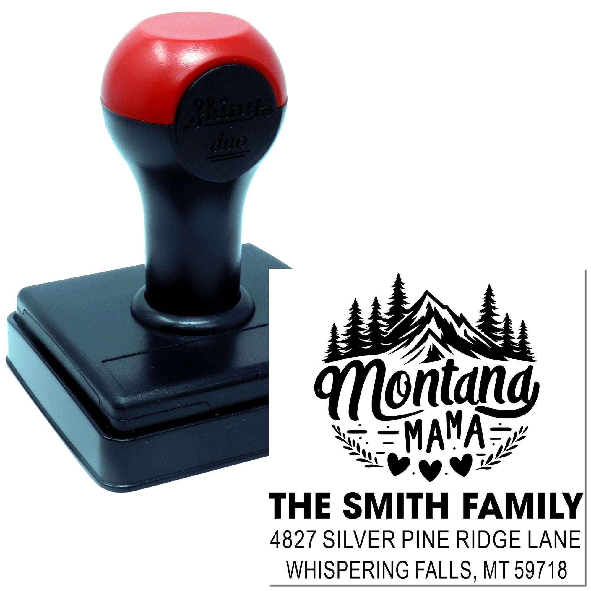 Custom self-inking rubber address stamp with Montana Mama mountain design and family name, perfect for return mail labeling.