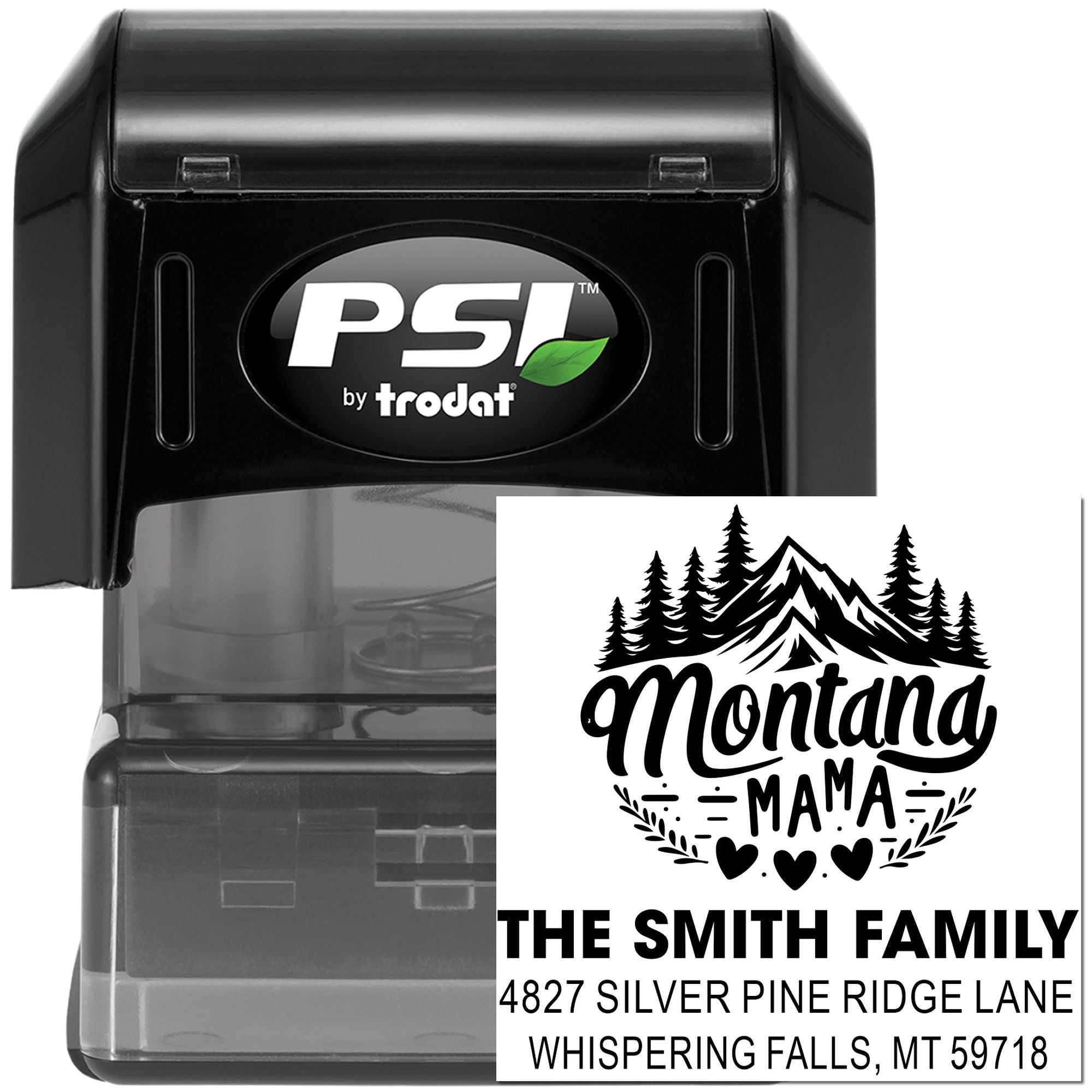 PSI by Trodat self-inking rubber stamp with custom Montana Mama family return address design