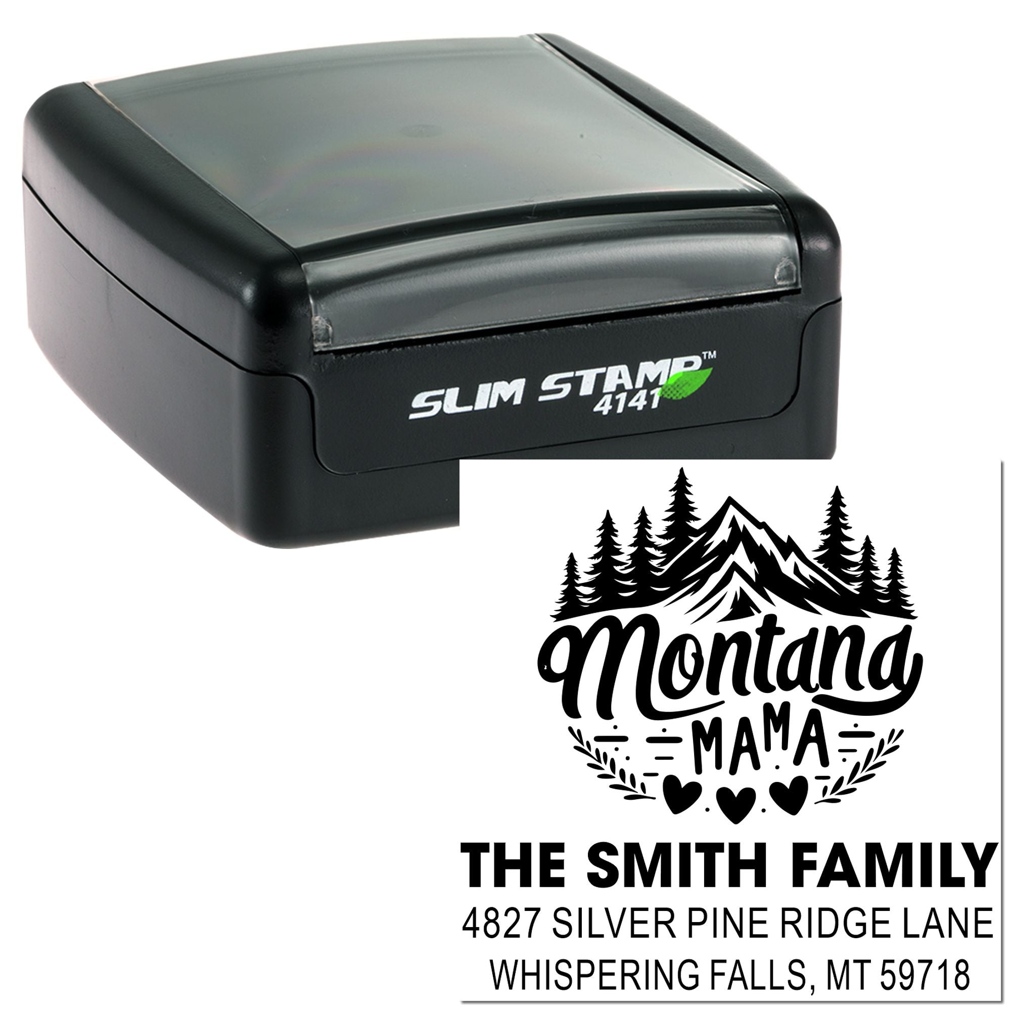 Custom self-inking rubber stamp for Montana Mama family address labels with mountain design and address.