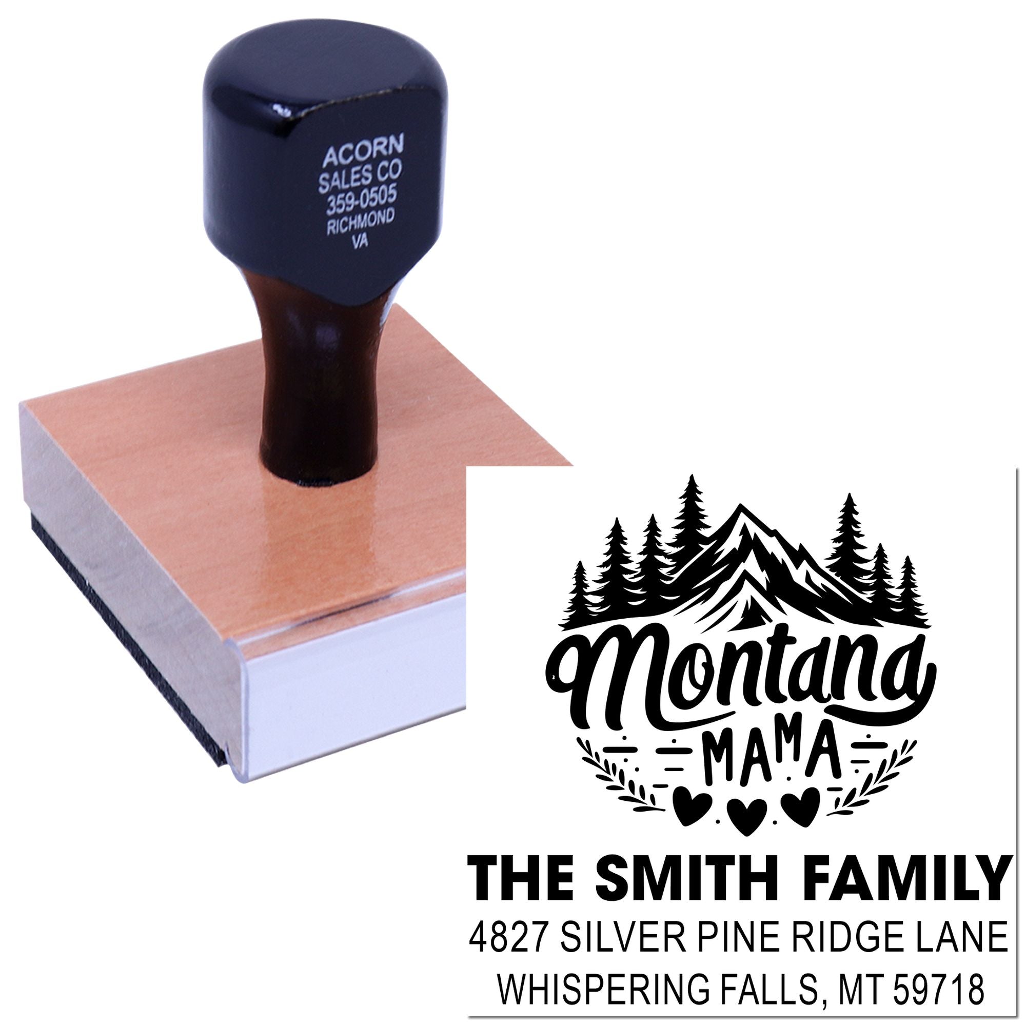 Custom rubber address stamp with Montana Mama design, The Smith Family name, and return address for personalized mailing