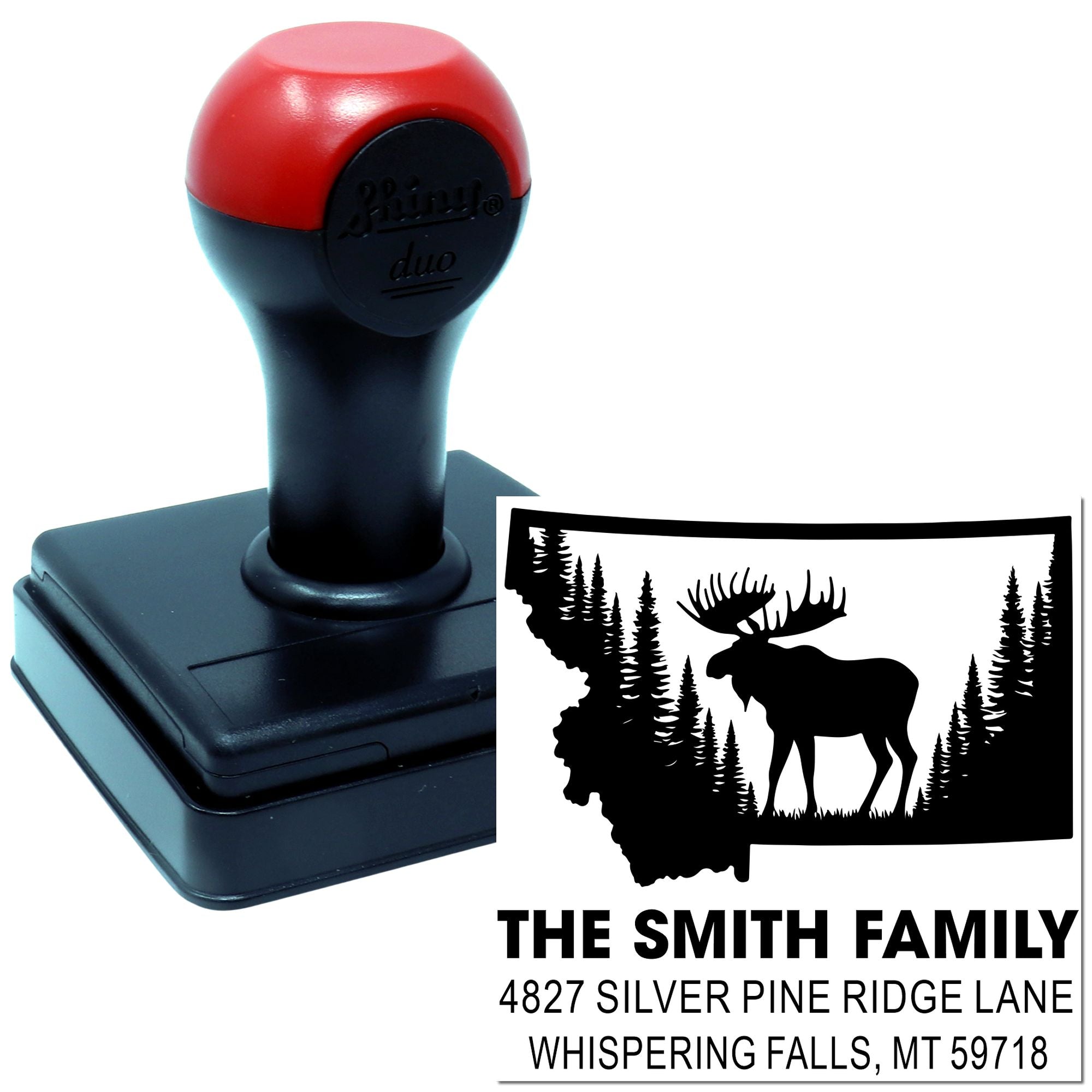Custom self-inking rubber stamp for family return address, featuring a Montana moose silhouette and pine tree design.