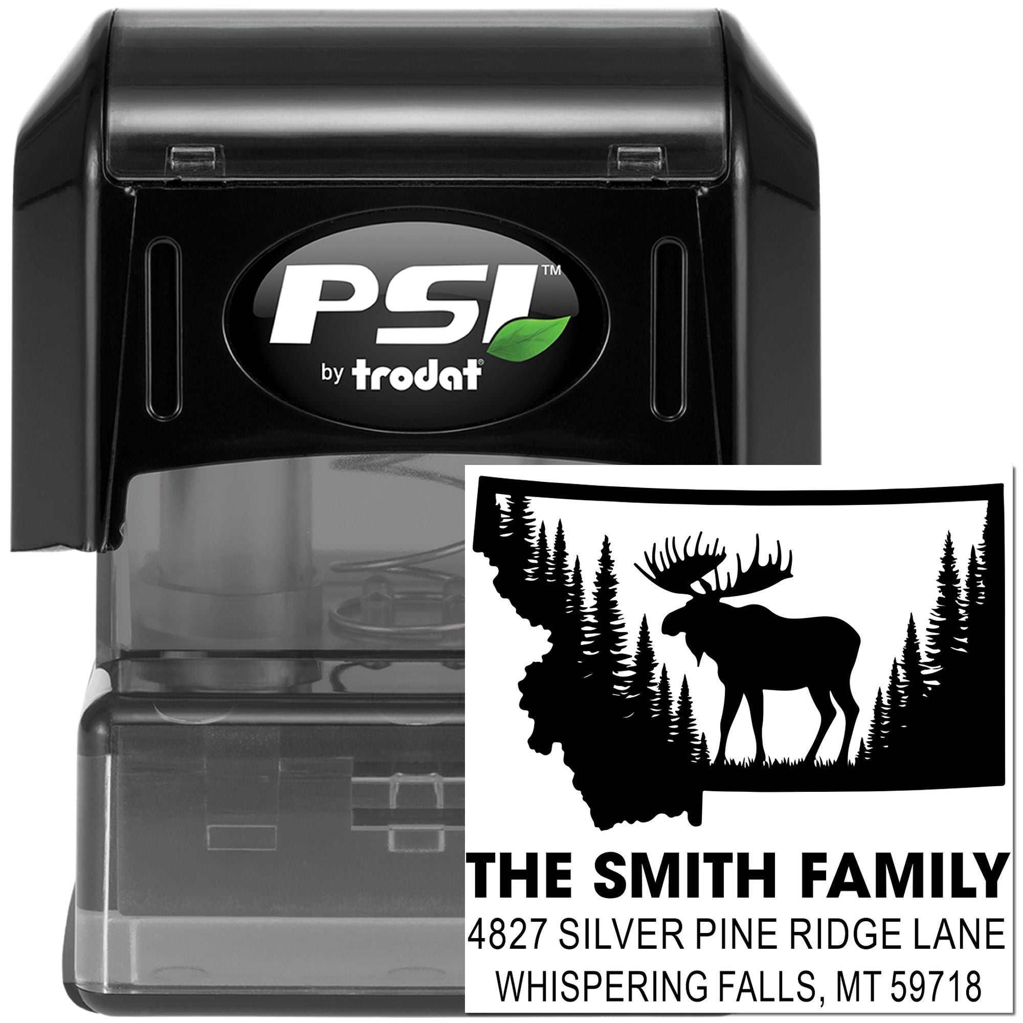Custom self-inking rubber stamp with moose and Montana family address design for return address mailings