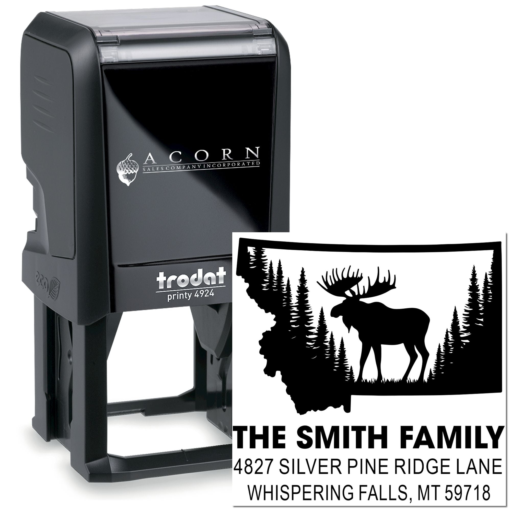 Custom self-inking return address rubber stamp with Montana moose and pine tree design for The Smith Family.