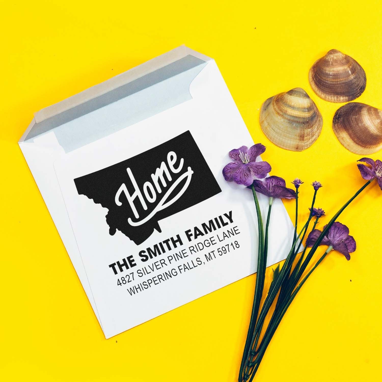 Personalized return address rubber stamp with Montana home design for The Smith Family mail, wedding, and stationery.