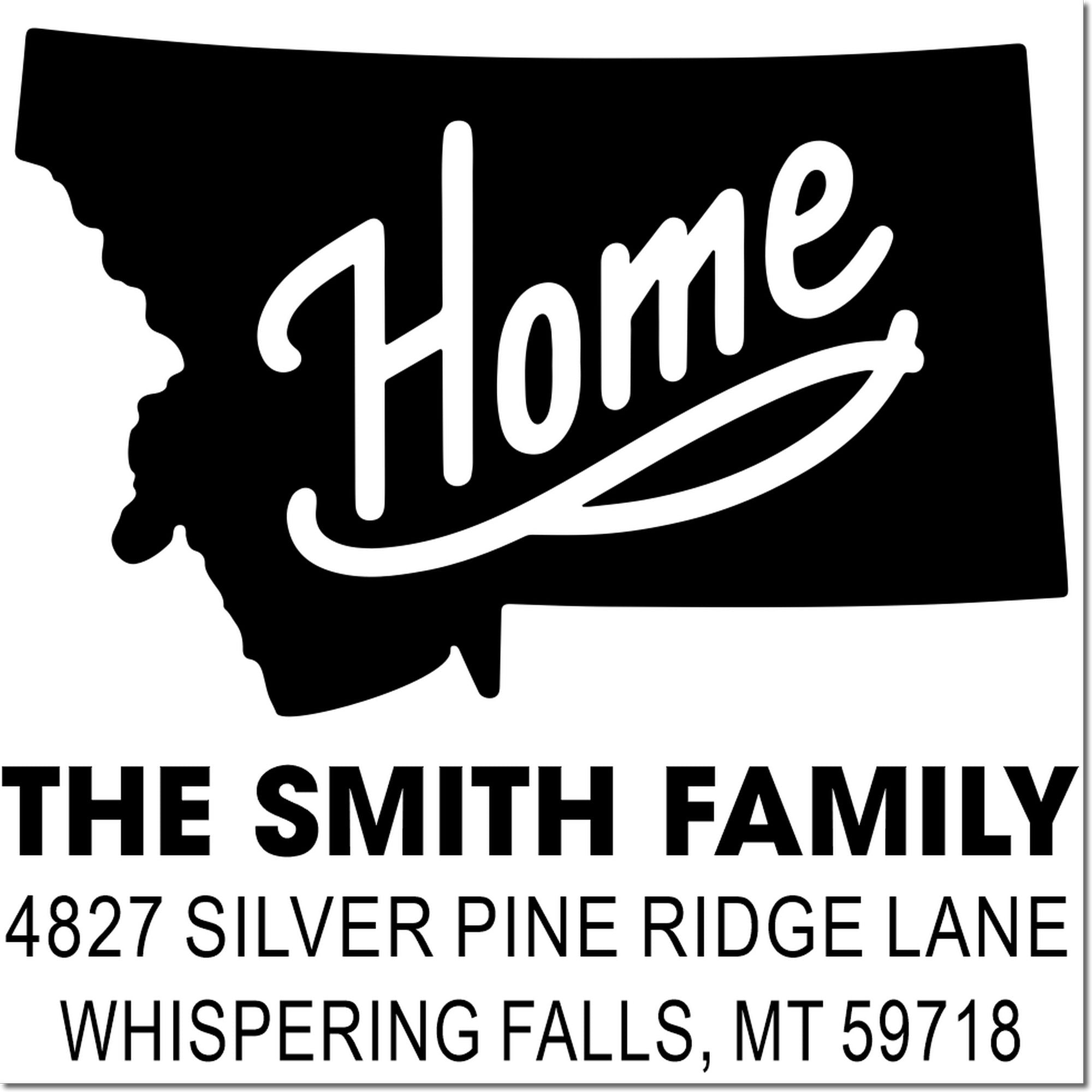 Custom Montana return address rubber stamp with The Smith Family name and Whispering Falls, MT address