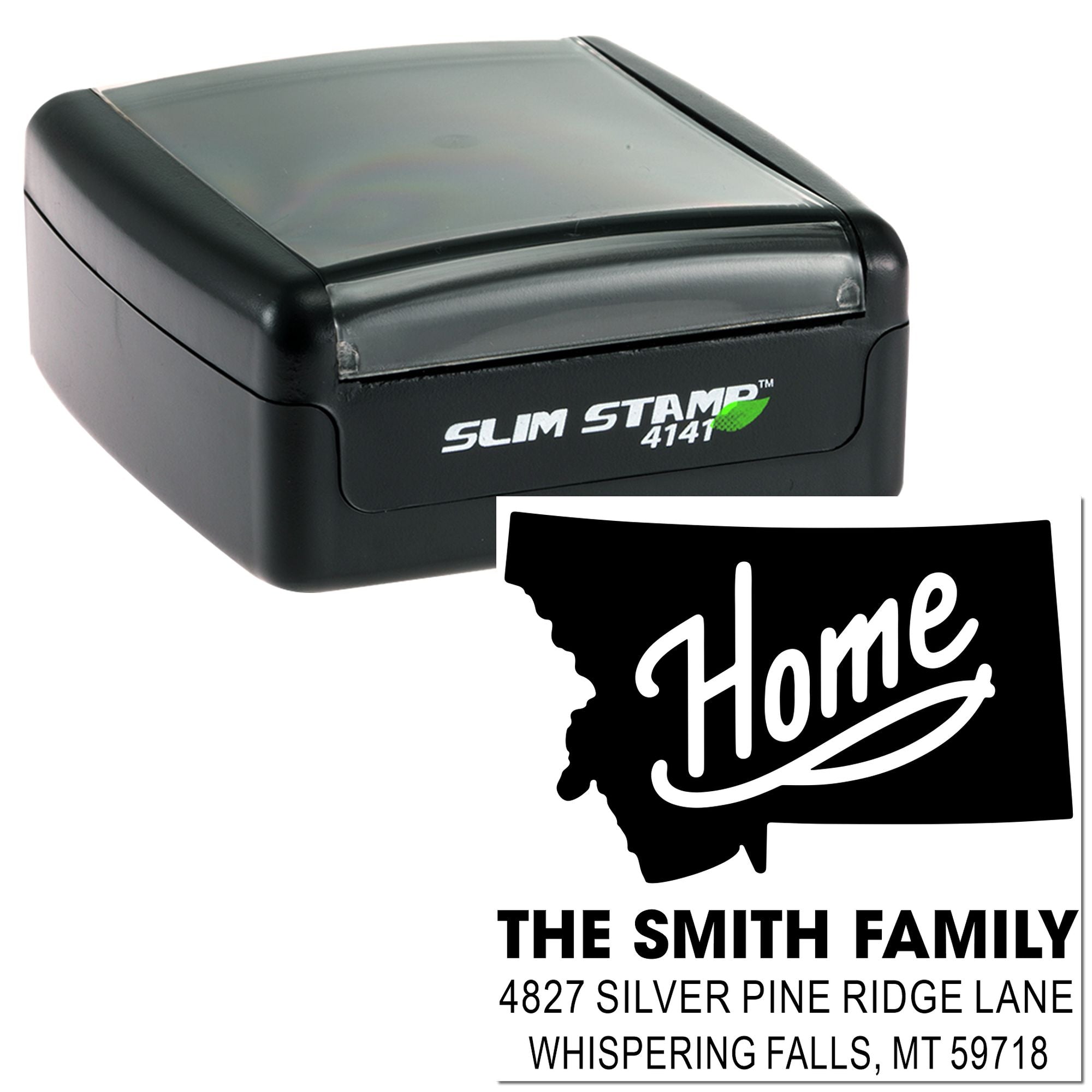 Self-inking Slim Stamp 4141 custom return address rubber stamp with Home design for The Smith Family.