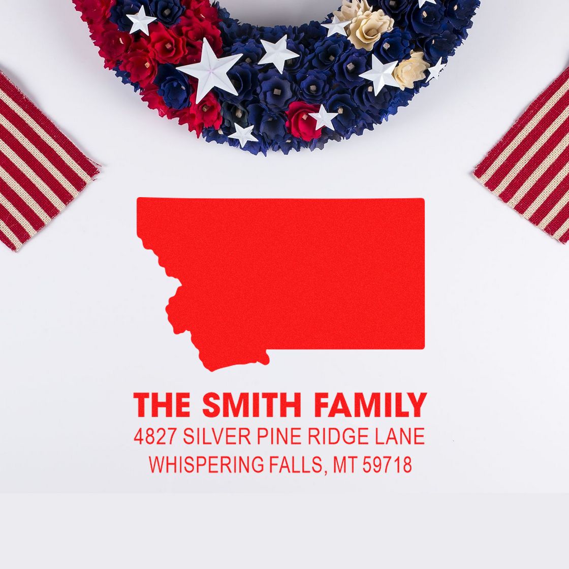 Personalized Montana return address rubber stamp for The Smith Family with custom address and patriotic red, white, and blue design.