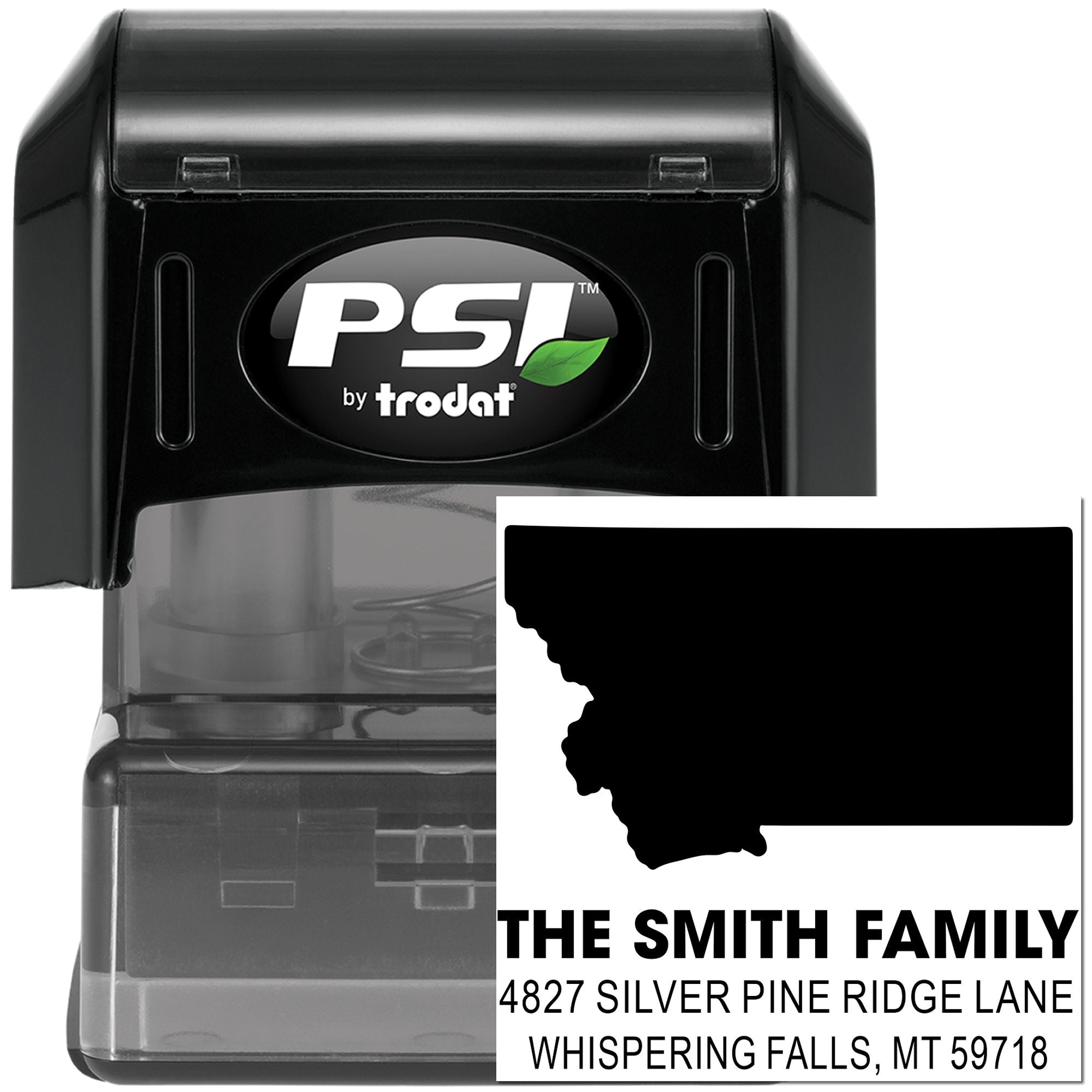 Custom self-inking PSI by Trodat return address rubber stamp with Montana silhouette for The Smith Family