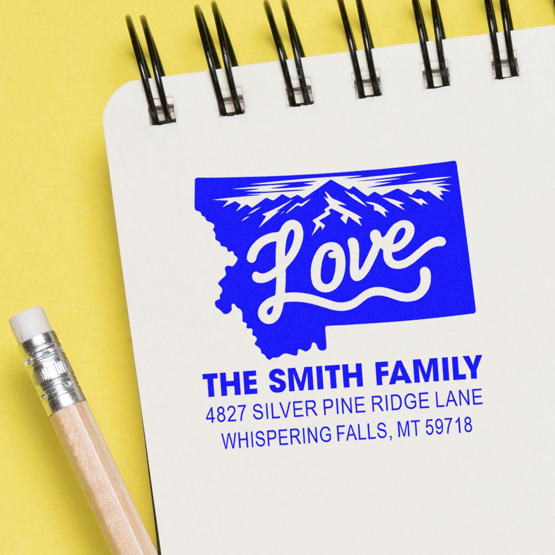 Custom Montana love address rubber stamp for The Smith Family, ideal for personalized mail, stationery, and branding.