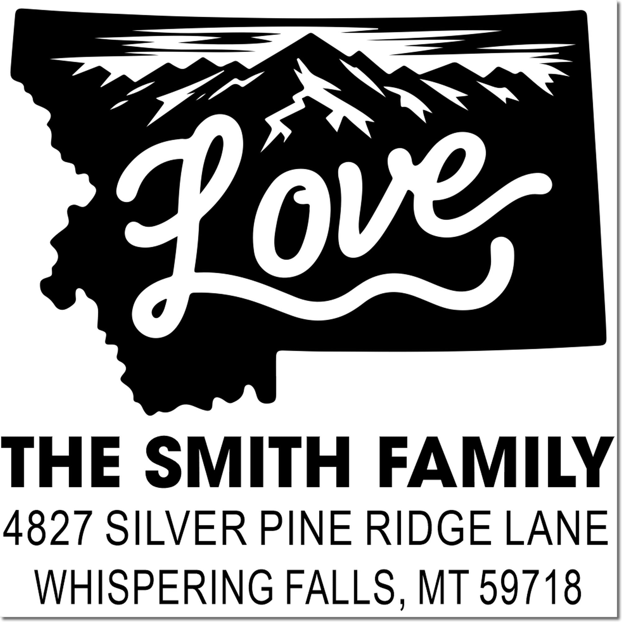 Custom Montana family return address rubber stamp with mountain design, The Smith Family, and Silver Pine Ridge Lane address.