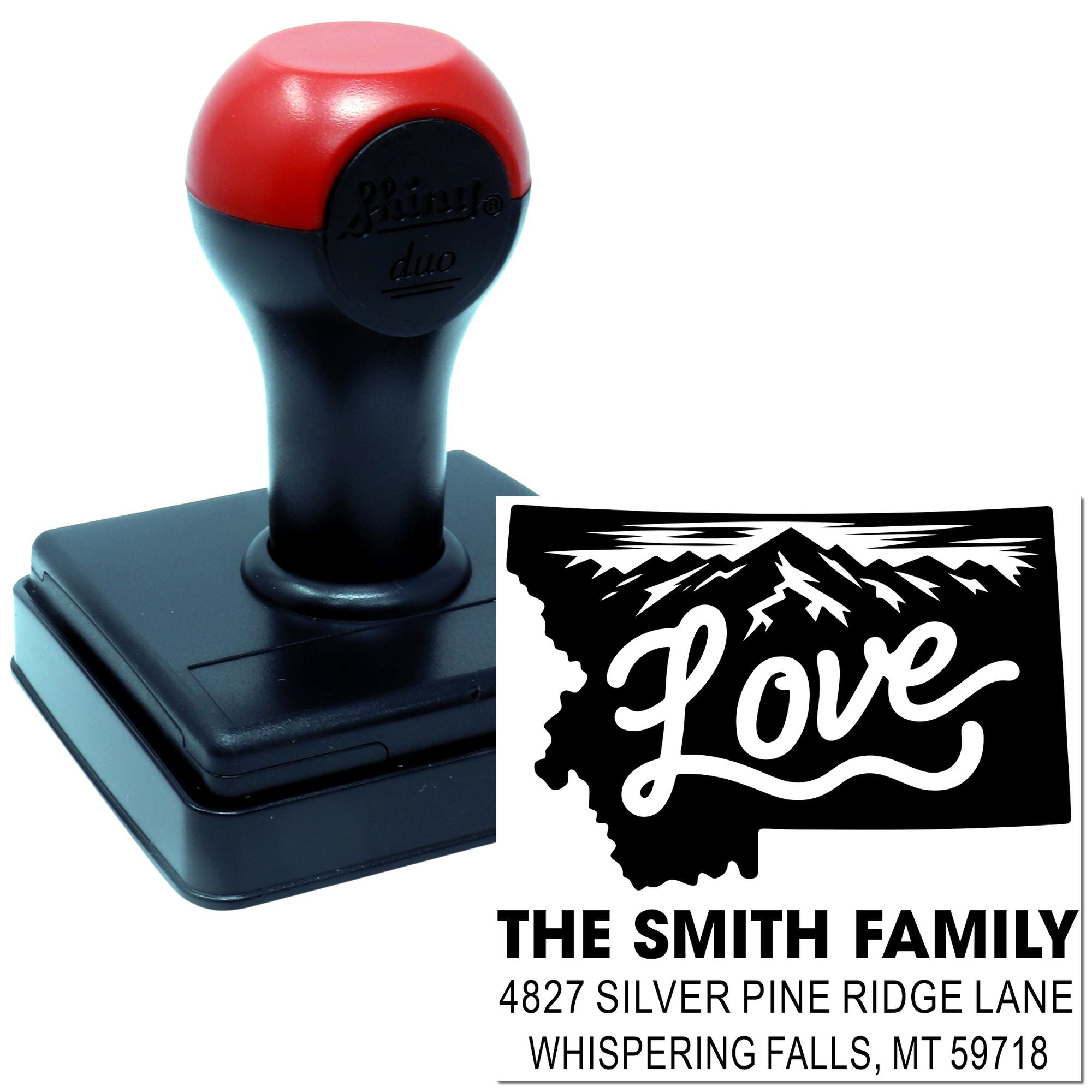 Custom self-inking rubber stamp with personalized return address and Montana Love design for the Smith family.