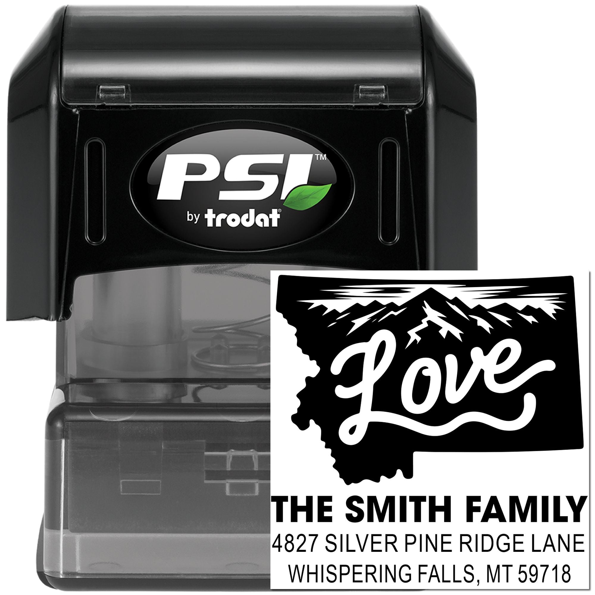 Self-inking custom return address rubber stamp by PSI Trodat with state silhouette and family name imprint.