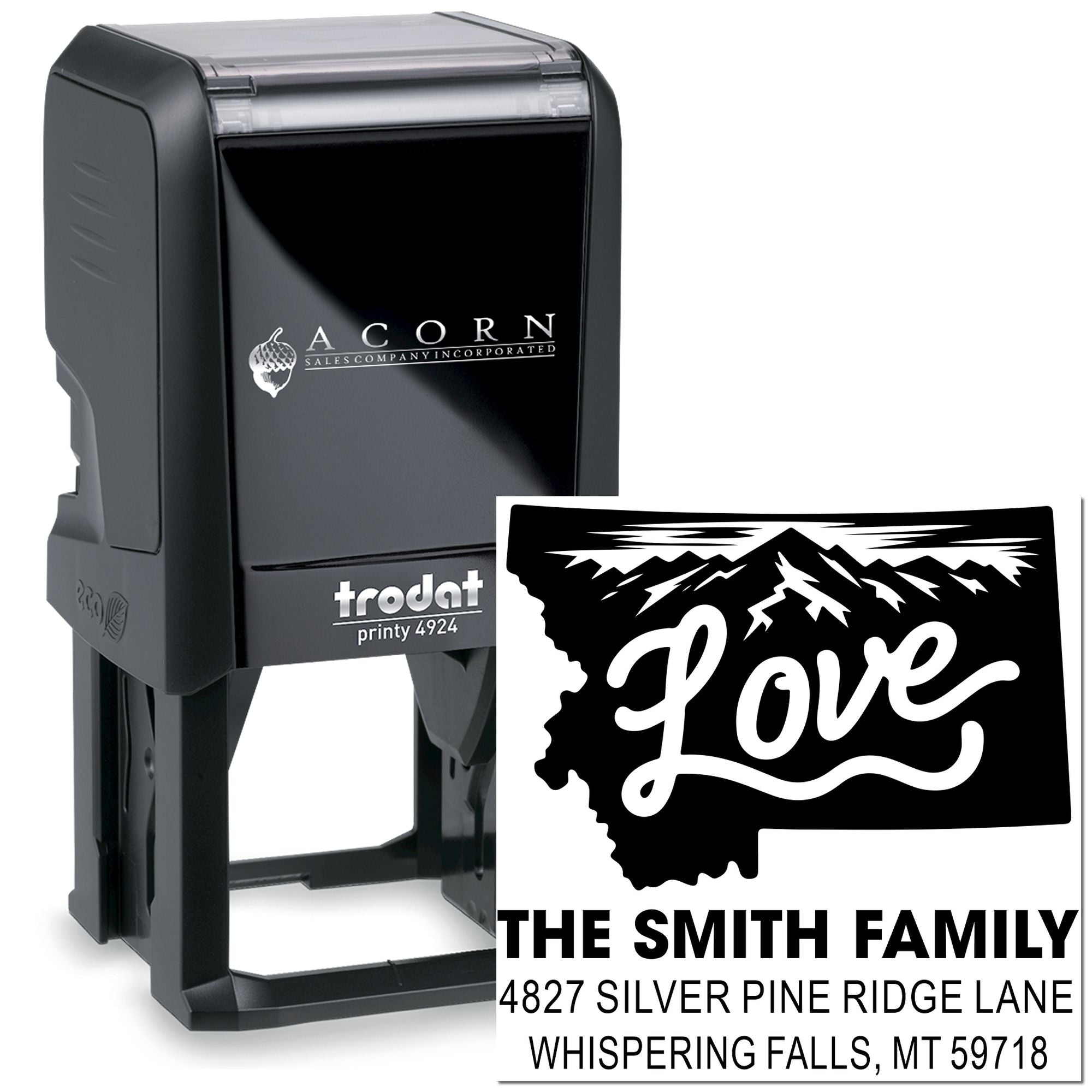 Custom self-inking rubber stamp with personalized return address and state-themed Love design for family mailing labels.