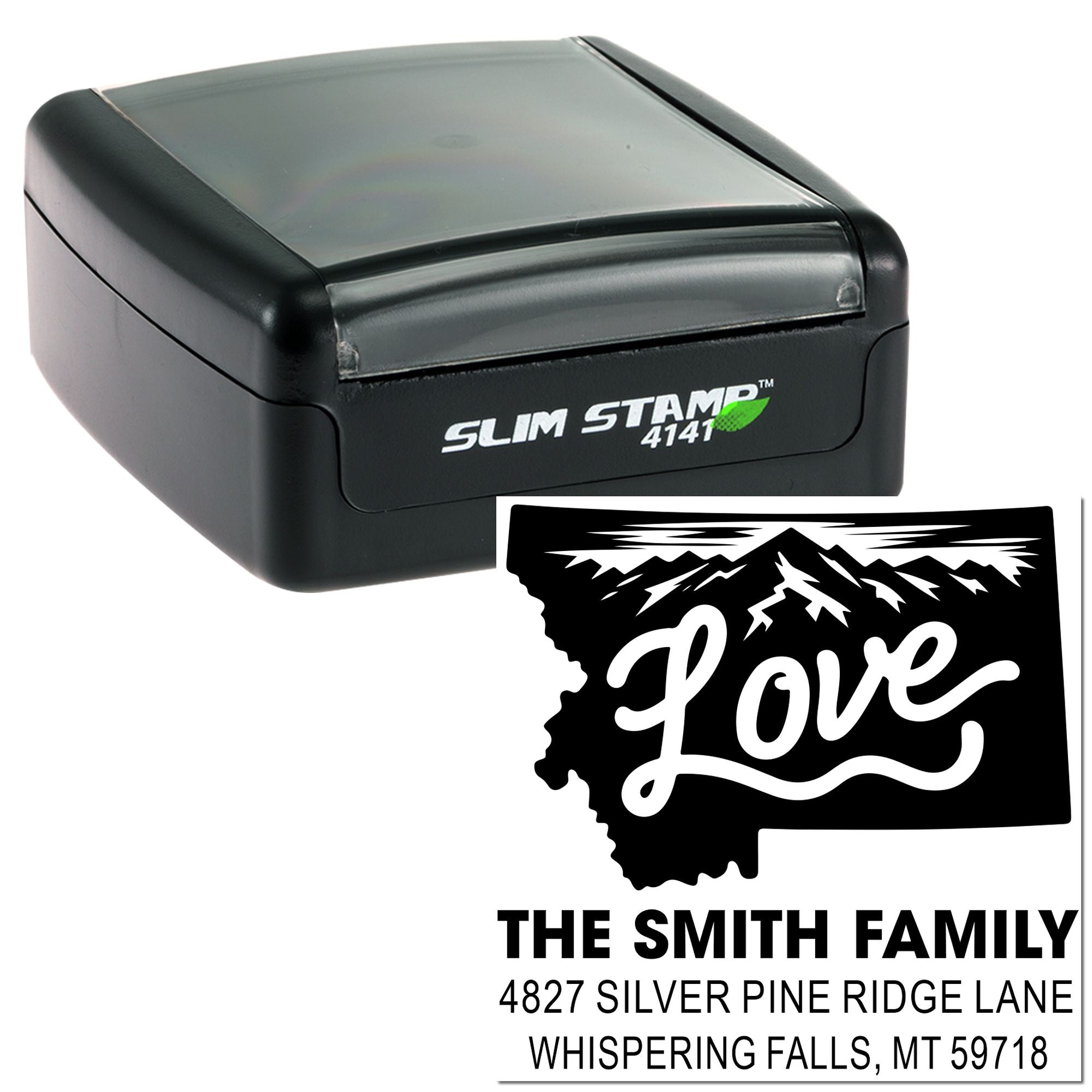 Custom return address rubber stamp with mountain love design, shown in Slim Stamp self-inking case.