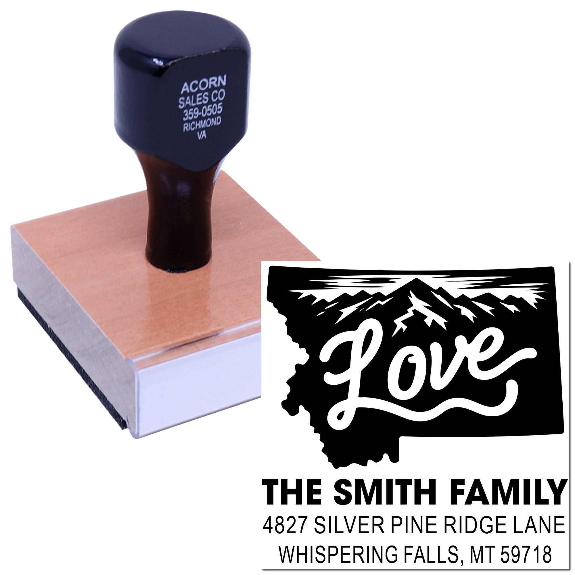 Custom rubber return address stamp with Montana Love design for personalized family mailings