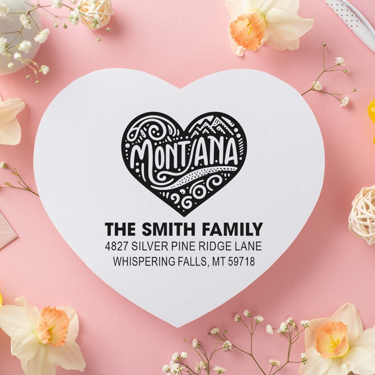 Custom heart-shaped Montana return address rubber stamp for personalized family stationery, envelopes, and invitations.