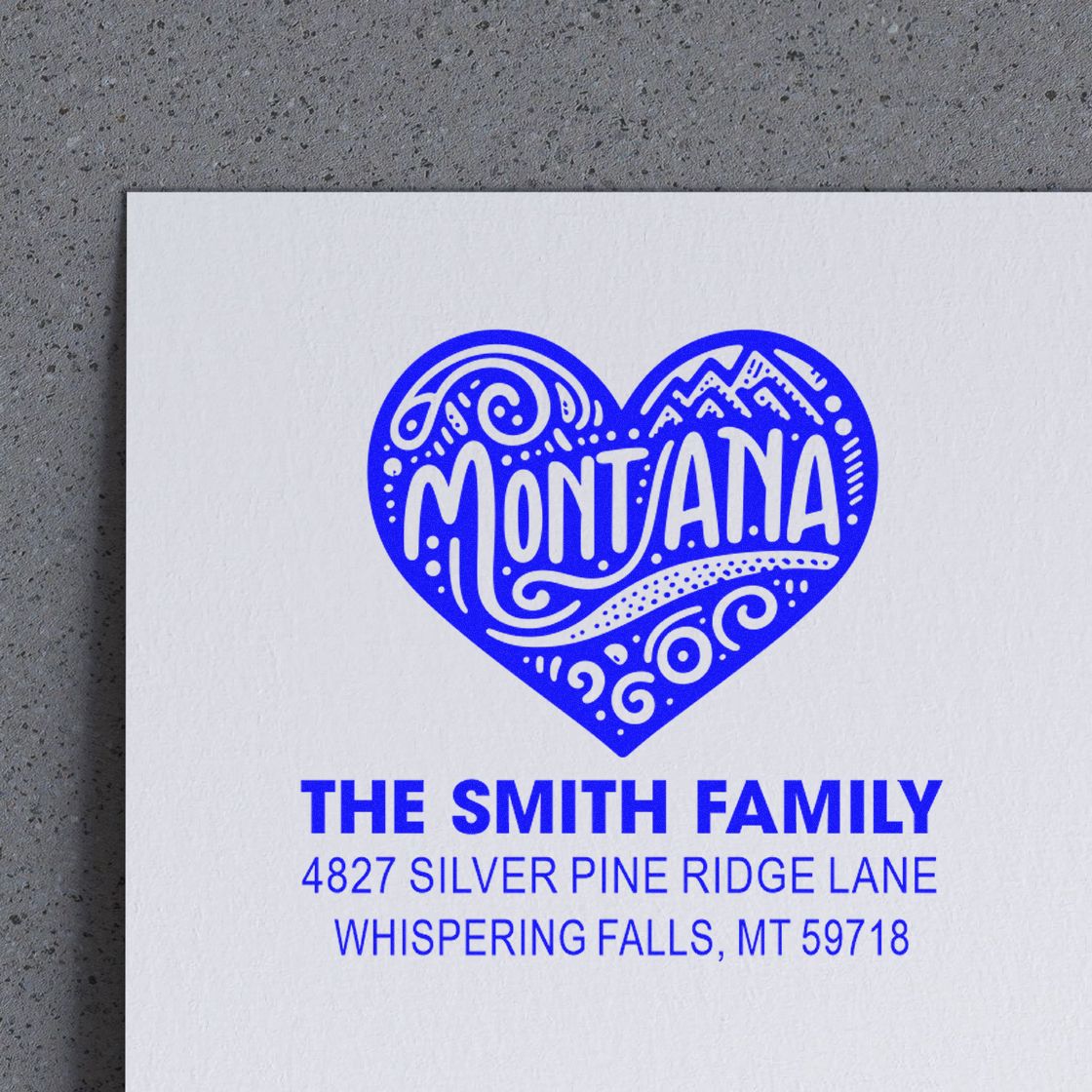 Custom Montana family return address rubber stamp with heart design for personalized mailing and envelopes.