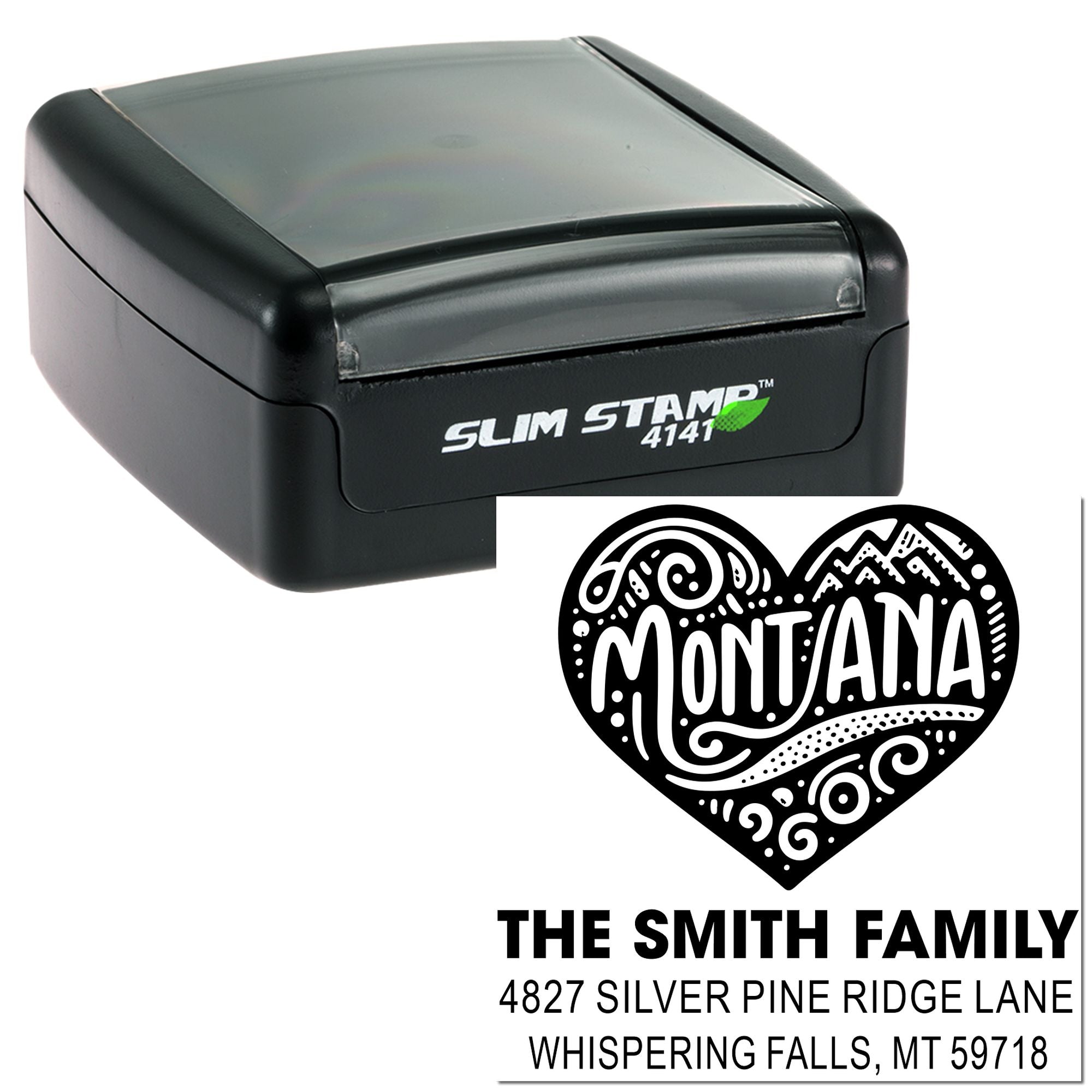 Custom slim rubber address stamp with Montana heart design for personalized family return address mailings.