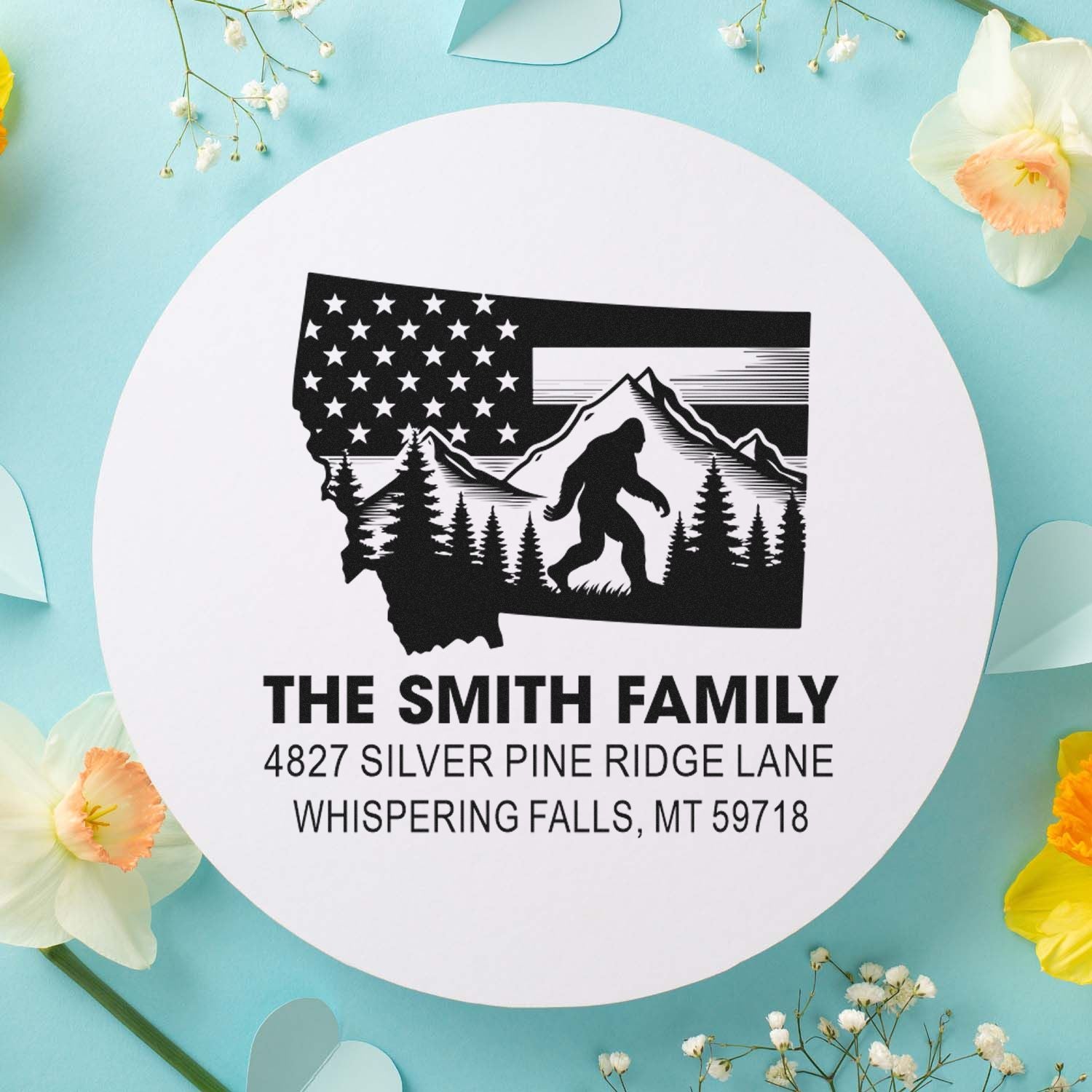 Custom Montana family return address rubber stamp with Bigfoot, mountains, and USA flag state silhouette