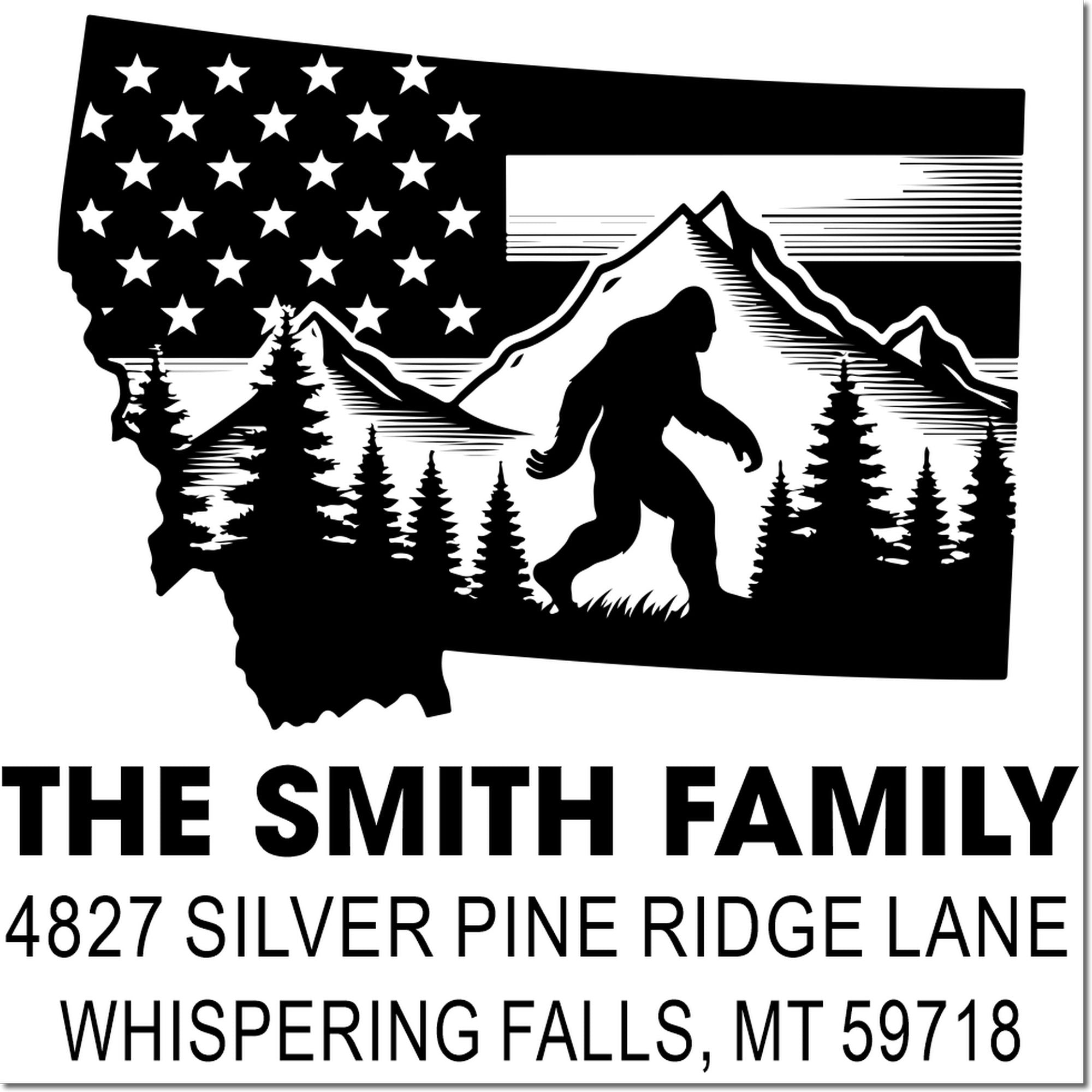 Custom Montana Bigfoot return address rubber stamp for The Smith Family, with mountain silhouette and Whispering Falls, MT address.