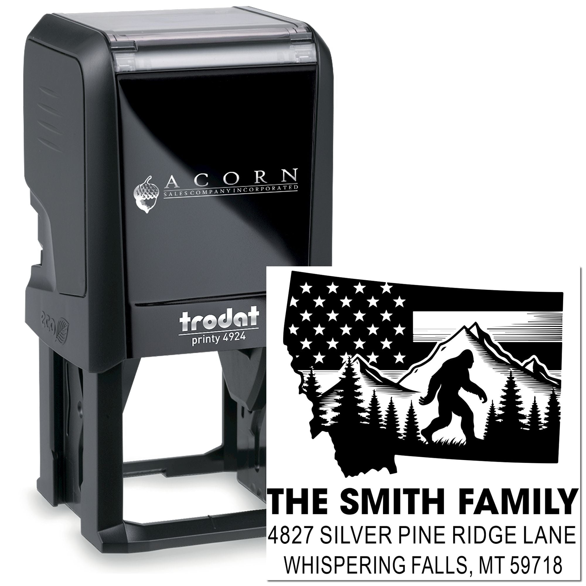 Custom self-inking address rubber stamp with Bigfoot mountain graphic, family name, and return address for mailings.
