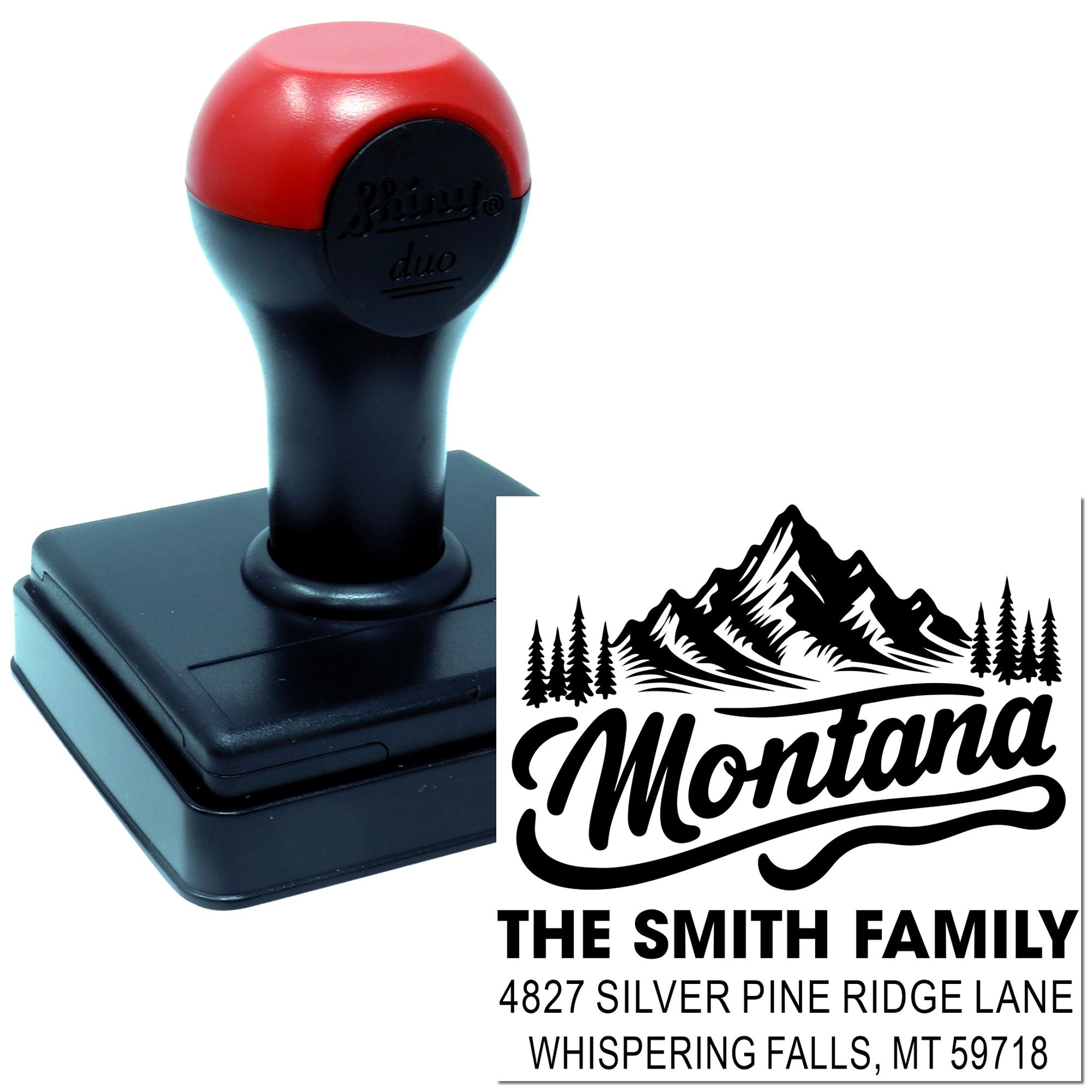 Custom Montana family address rubber stamp with mountain design, self-inking stamp for personalized return addresses.