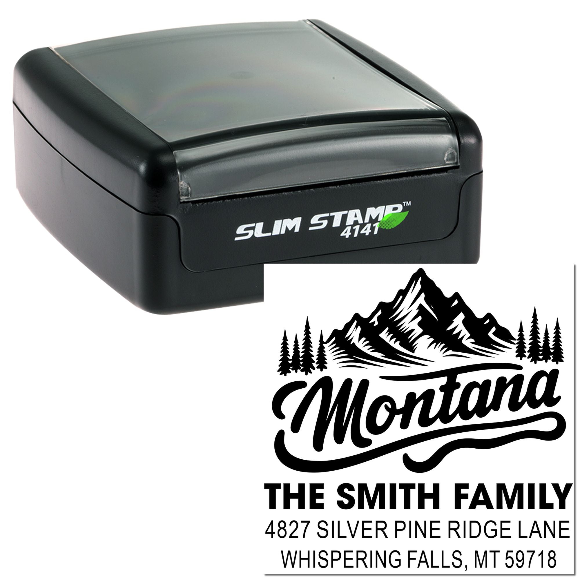 Montana family address rubber stamp with mountain logo, custom return address stamp for The Smith Family mail.