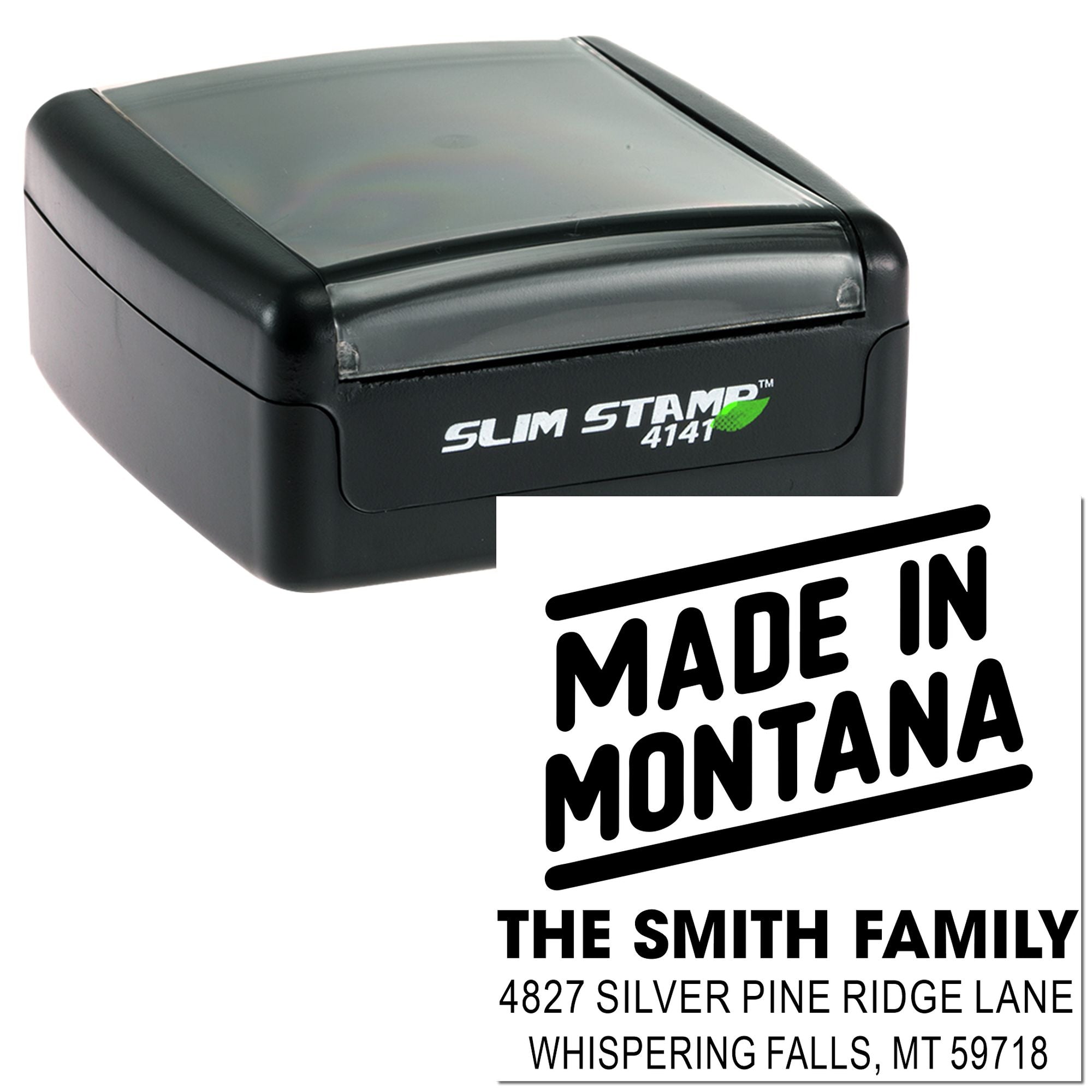 Custom self-inking rubber address stamp with Made in Montana design and Smith family return address.