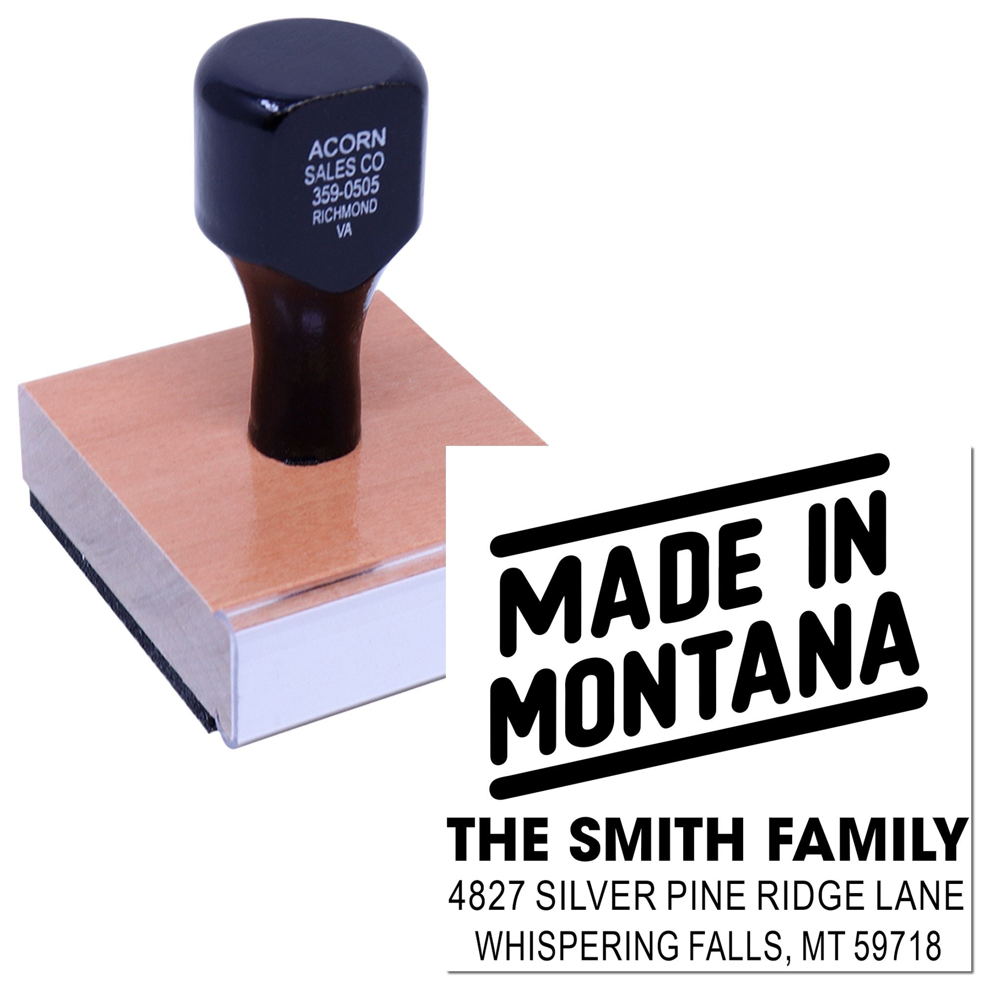 Self-inking custom rubber address stamp with Made in Montana design for The Smith Family.