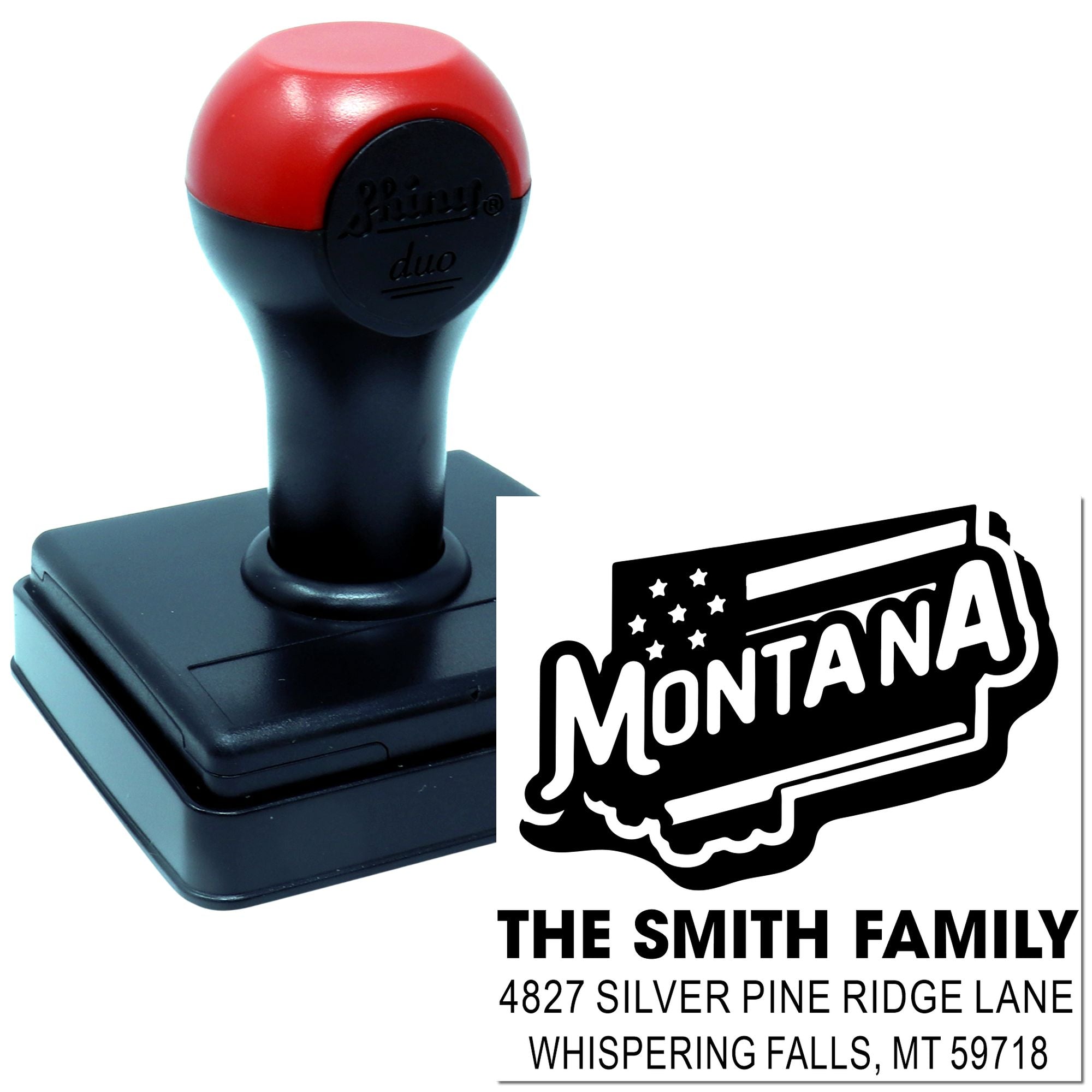 Montana custom return address rubber stamp with self-inking handle, showing personalized family address imprint