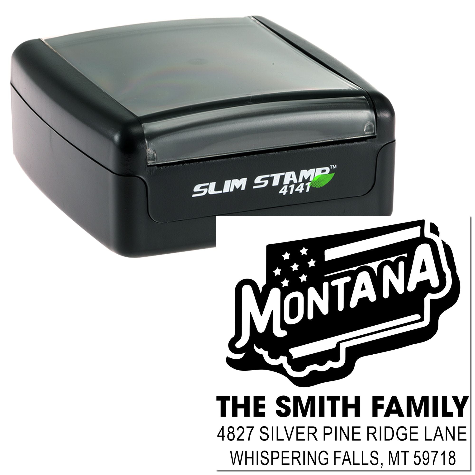 Slim Stamp 4141 self-inking rubber stamp with Montana family return address design for personalized mailings.