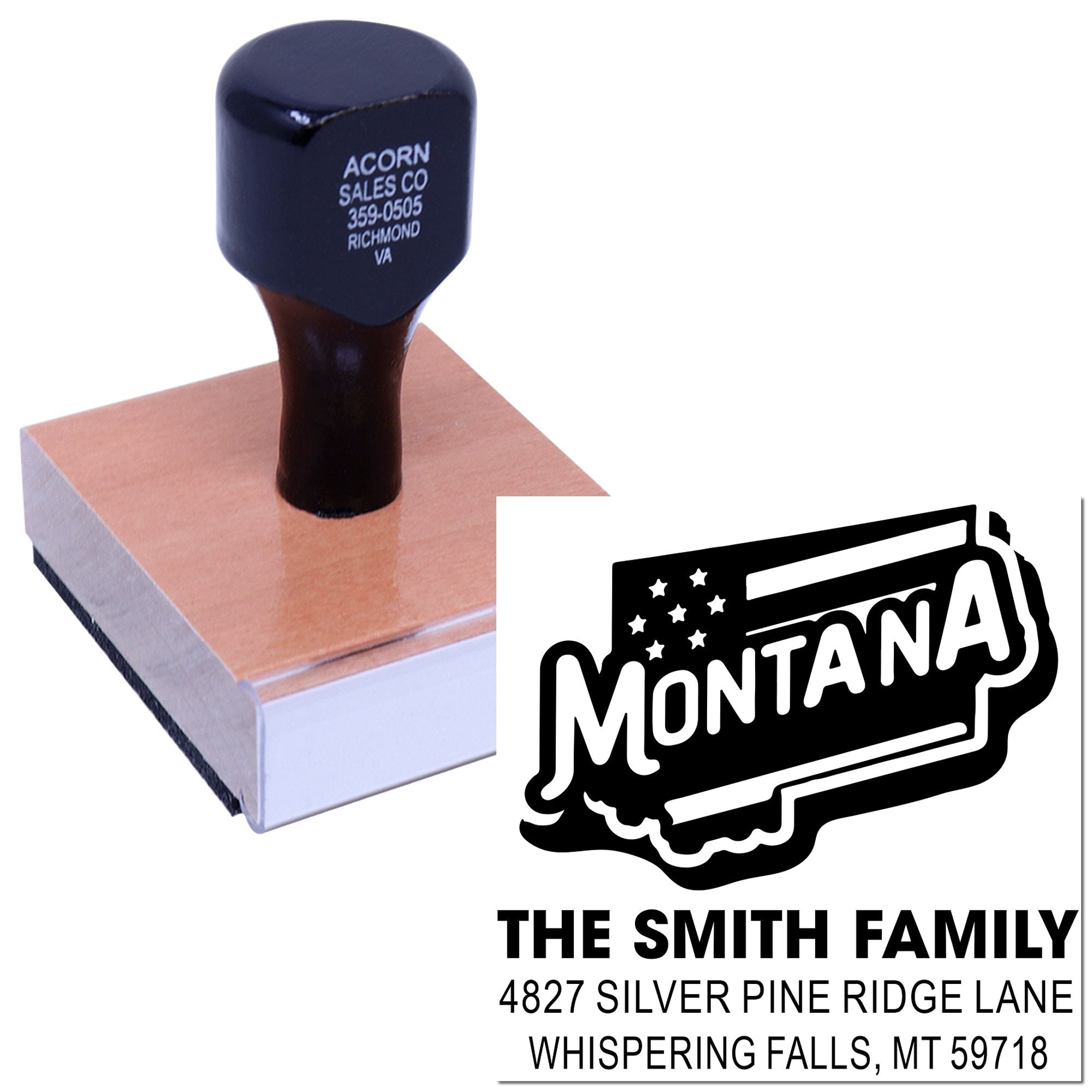Custom Montana return address rubber stamp with family name and address text