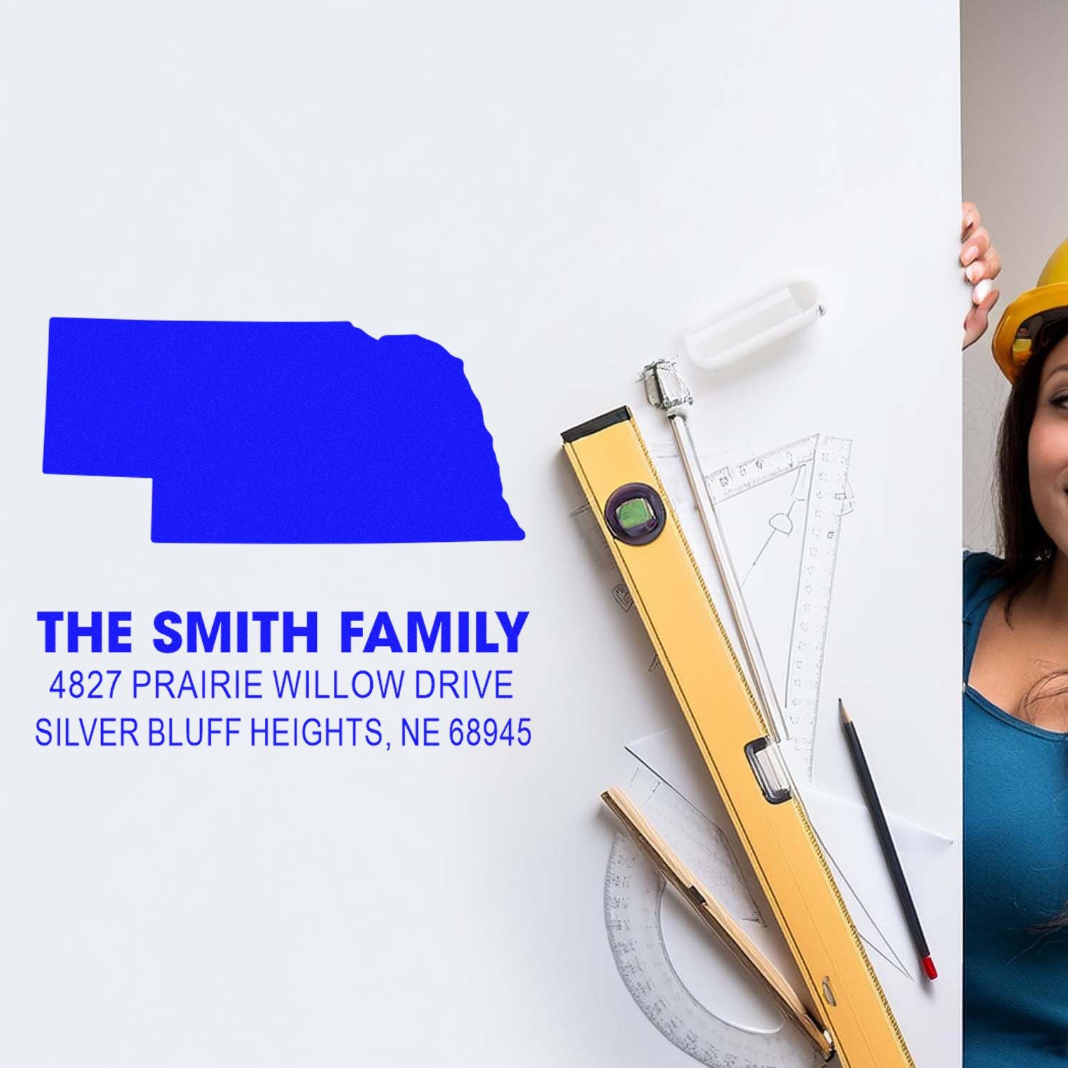 Custom Nebraska return address rubber stamp for The Smith Family, 4827 Prairie Willow Drive, Silver Bluff Heights, NE 68945.