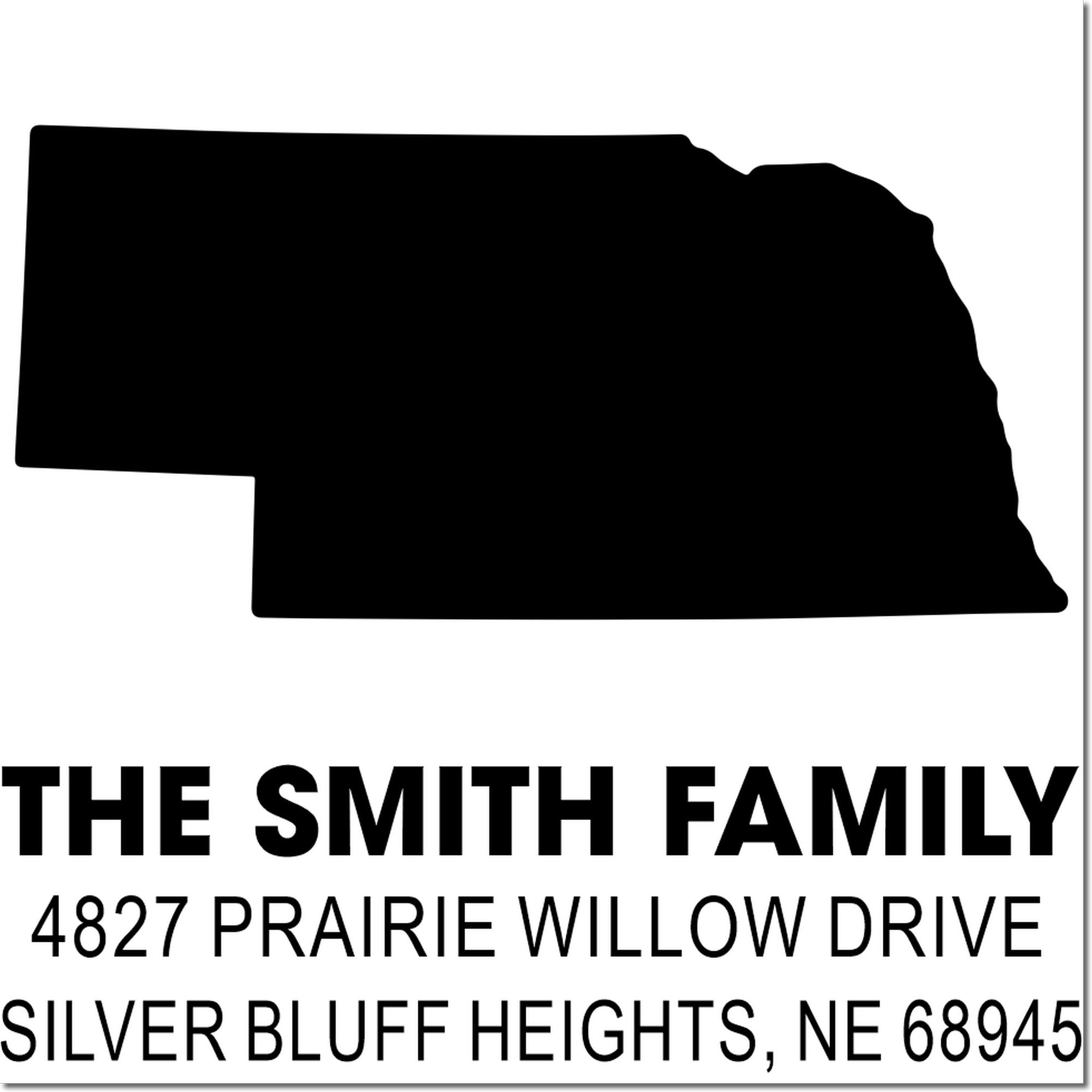 Nebraska custom address rubber stamp for The Smith Family, 4827 Prairie Willow Drive, Silver Bluff Heights, NE 68945