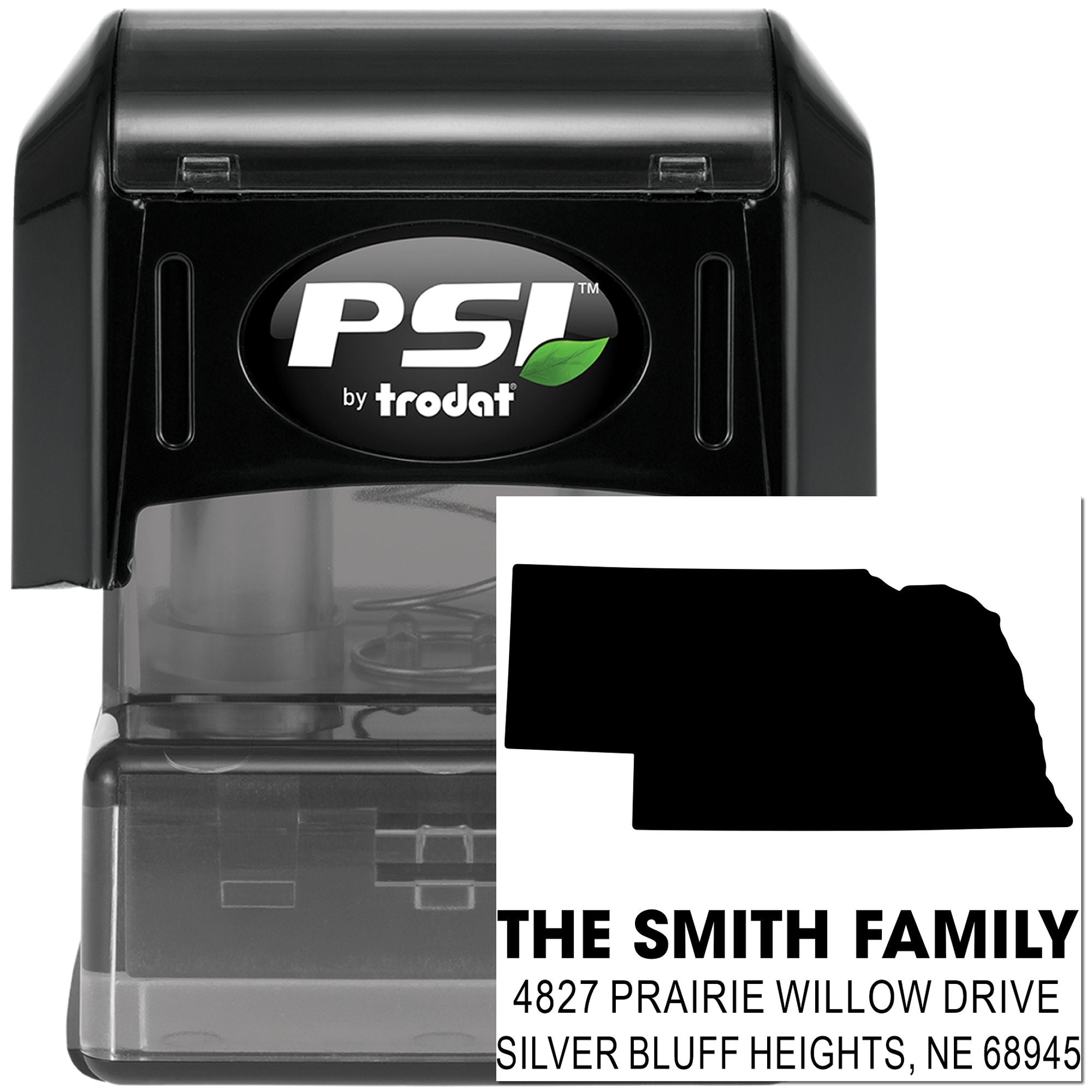 Custom self-inking address stamp for The Smith Family with Nebraska state design, ideal for personalized return address stamping.