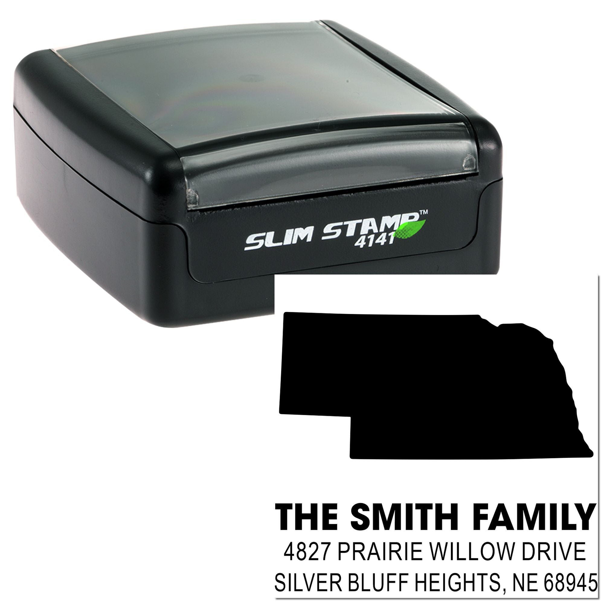 Personalized slim self-inking rubber address stamp with custom family name and return address imprint