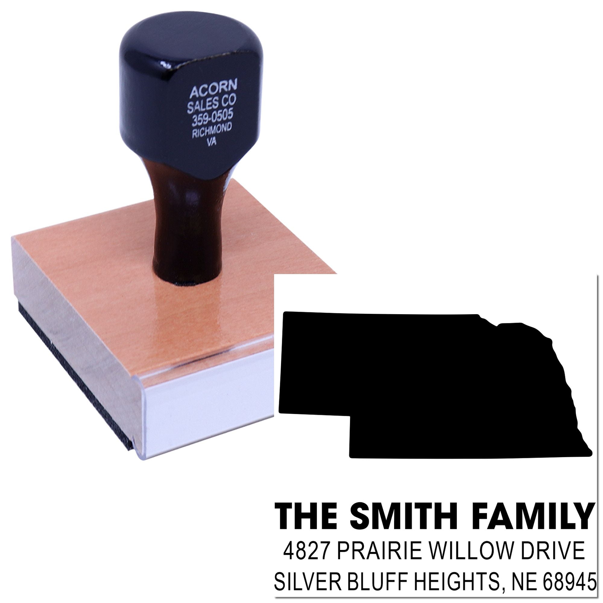 Custom Nebraska family address rubber stamp with state silhouette and return address for The Smith Family.