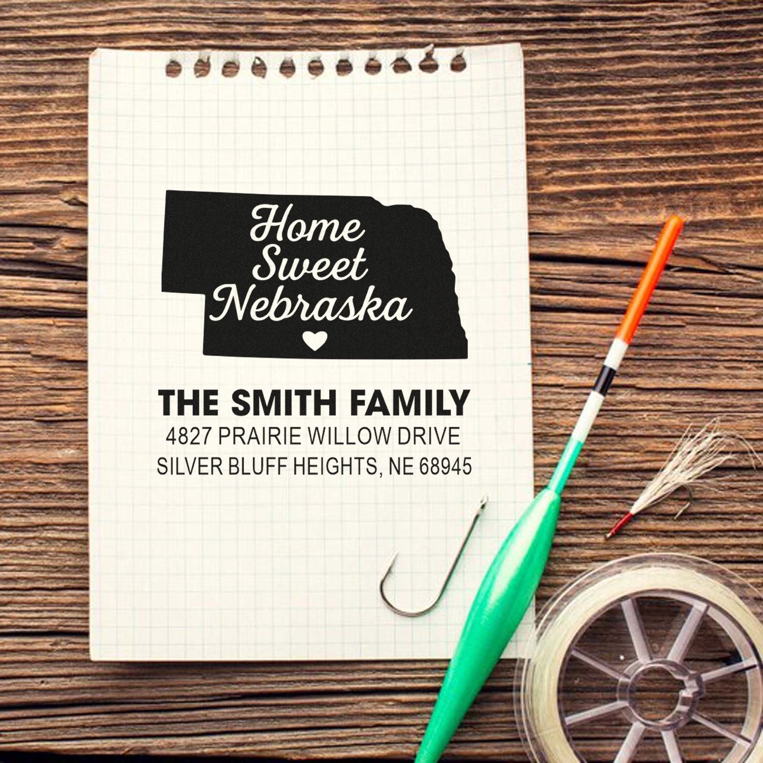 Custom Nebraska return address rubber stamp with Home Sweet Nebraska and Smith family address for personalized mailings