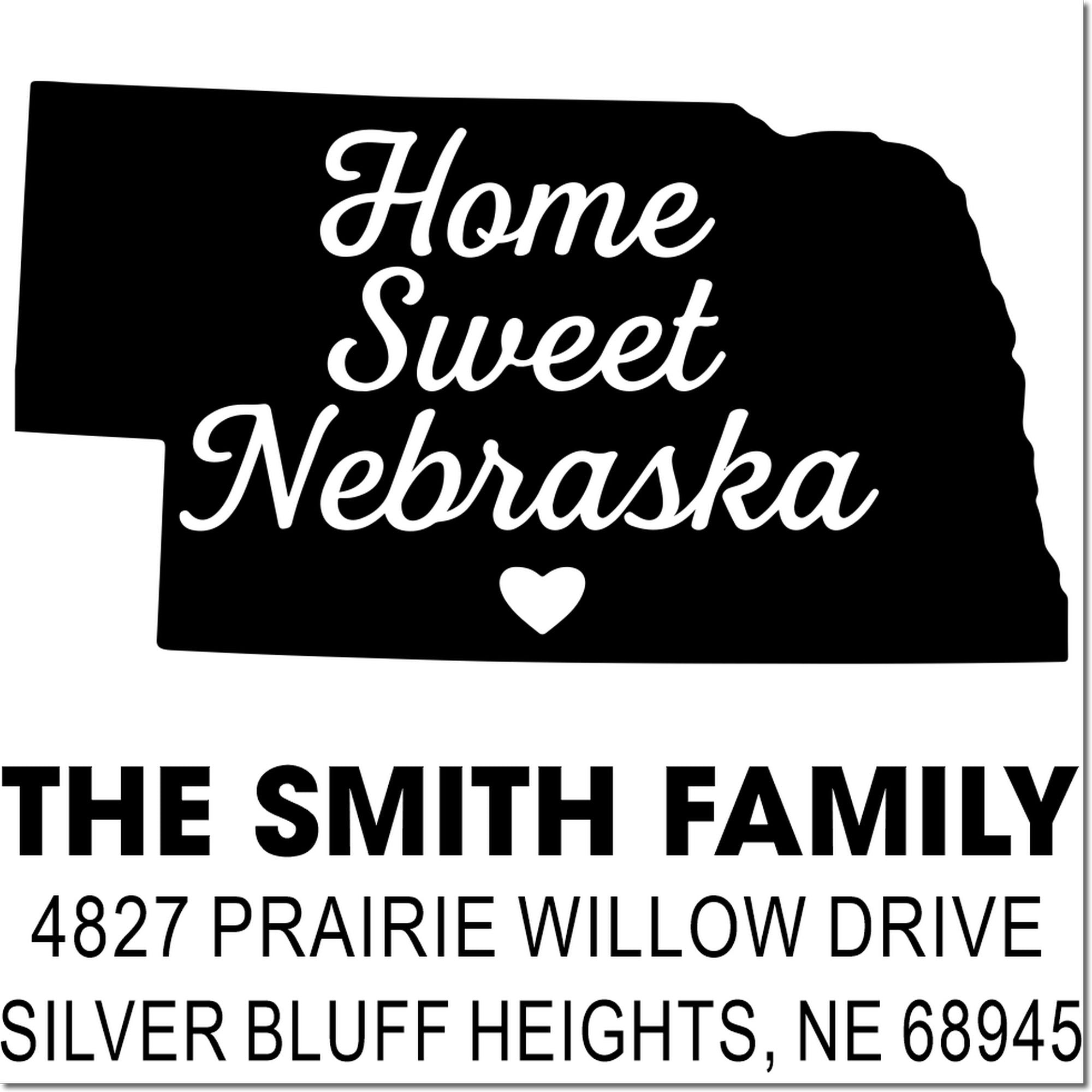 Personalized Nebraska return address rubber stamp with Home Sweet Nebraska and state outline.