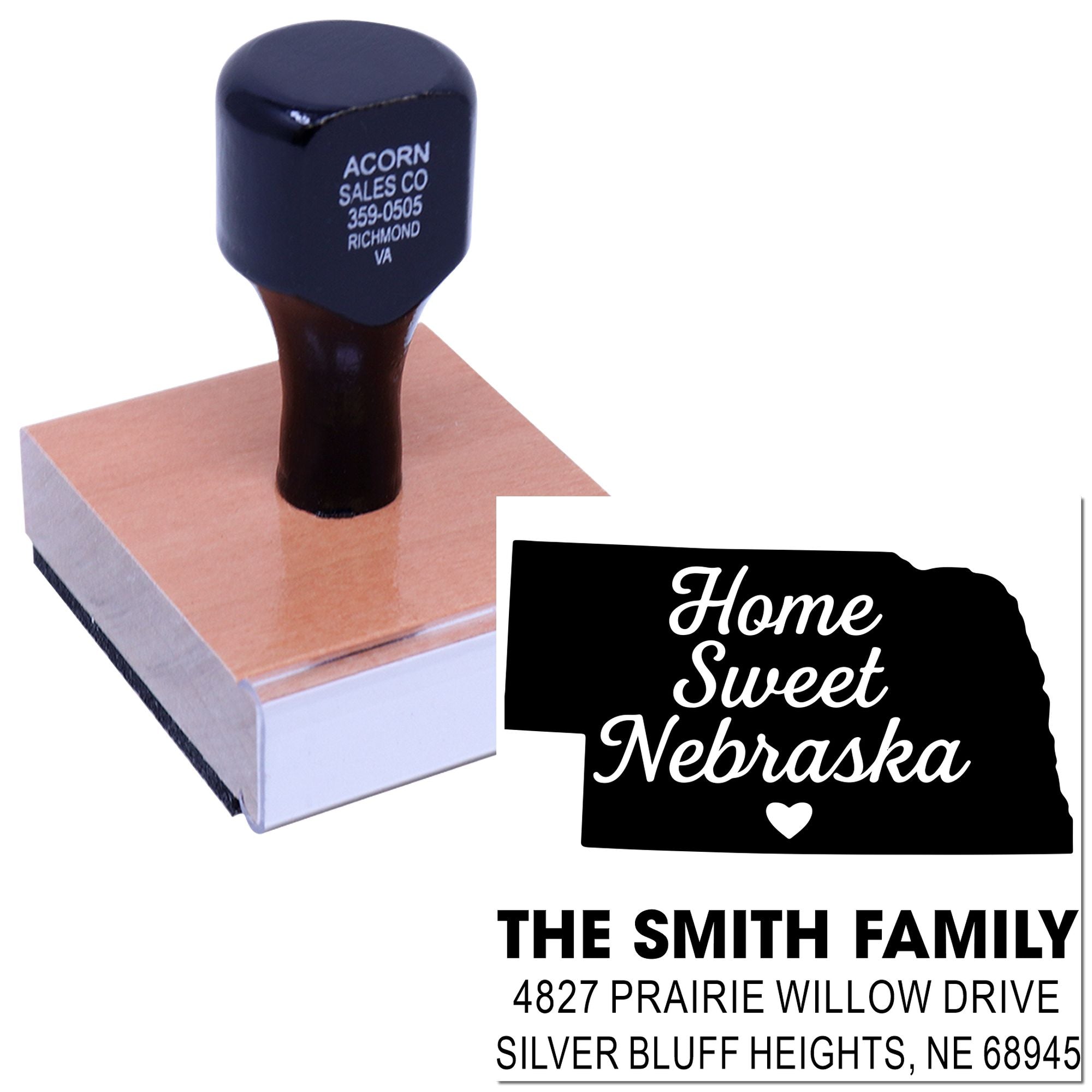 Custom Nebraska return address rubber stamp with Home Sweet Nebraska design for The Smith Family.