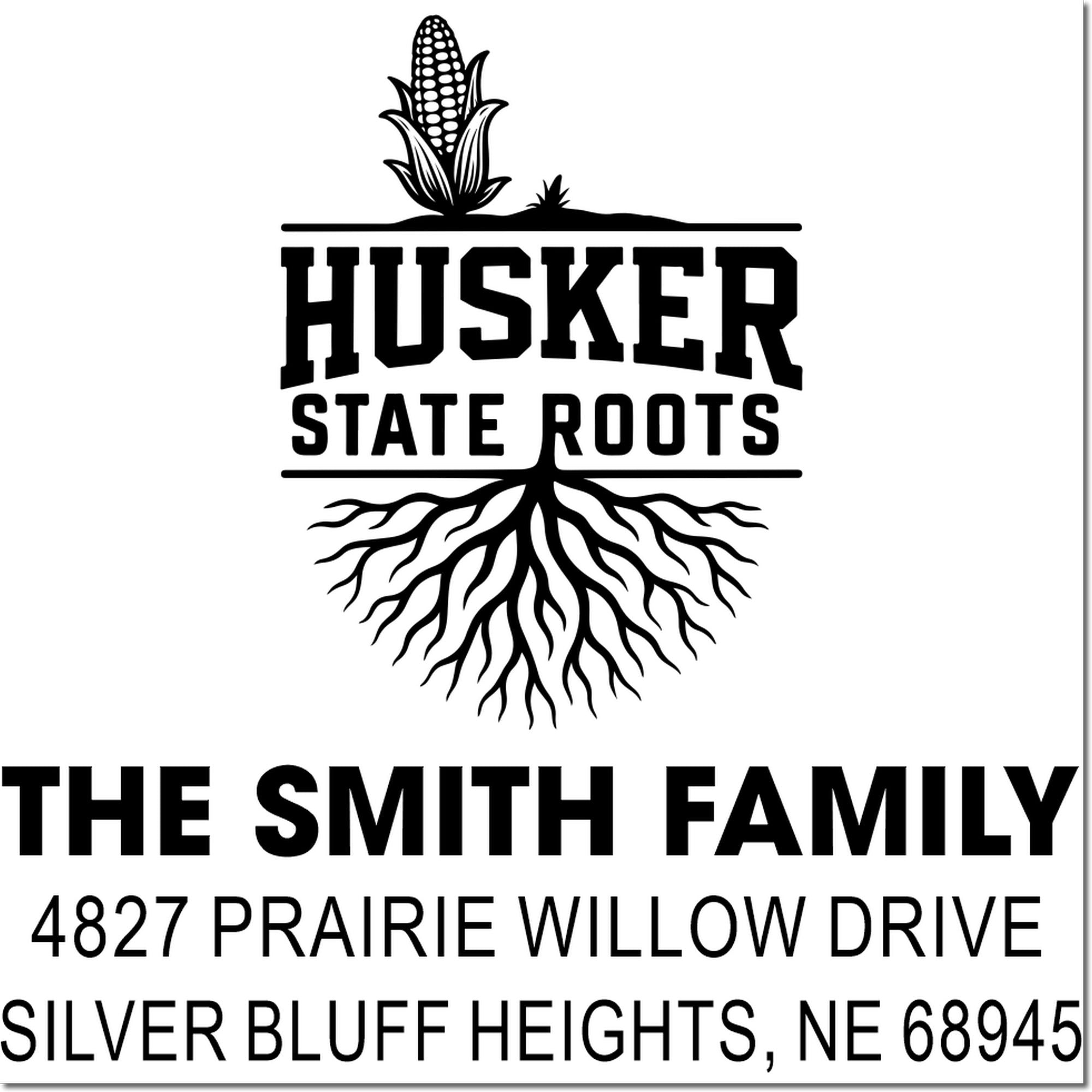 Custom return address rubber stamp with Husker State Roots corn design for The Smith Family, Silver Bluff Heights, NE.