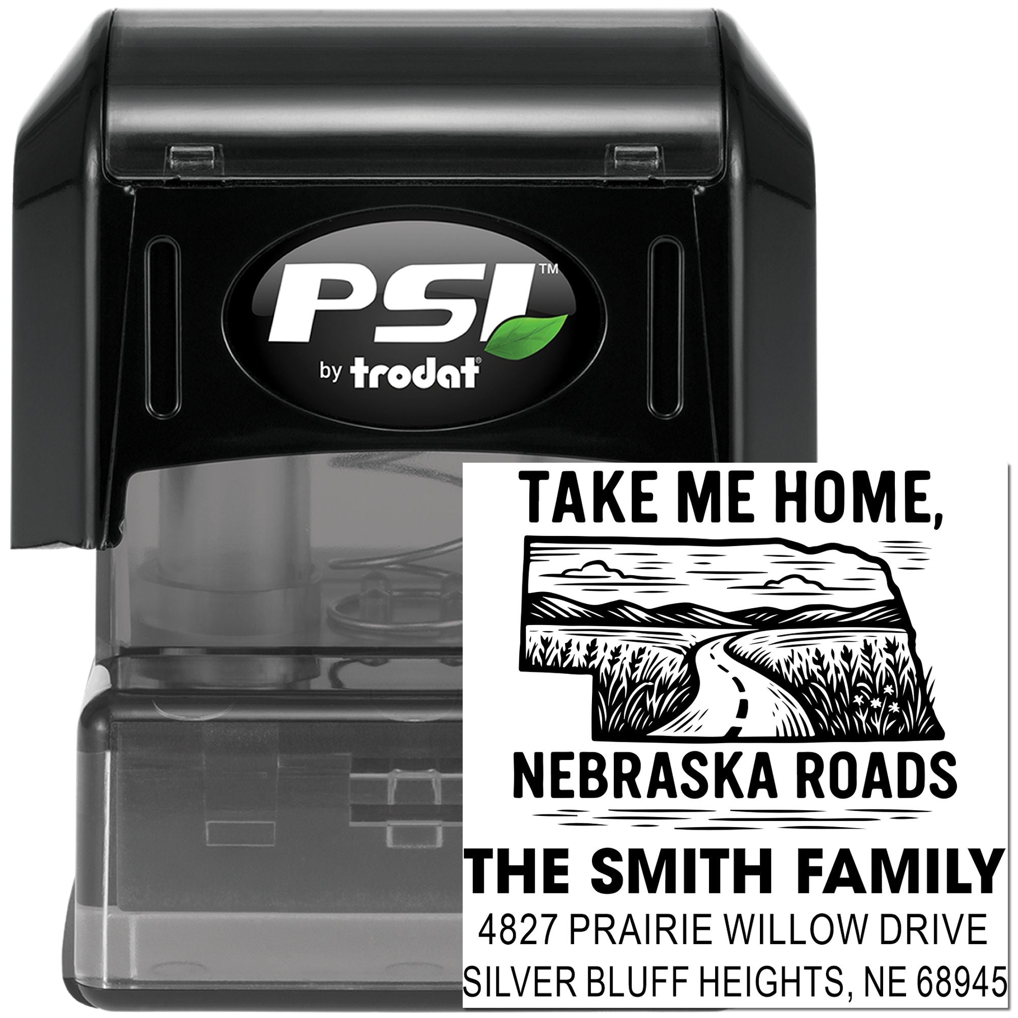 PSI by Trodat custom self-inking rubber address stamp for The Smith Family with Nebraska roads design and return address.