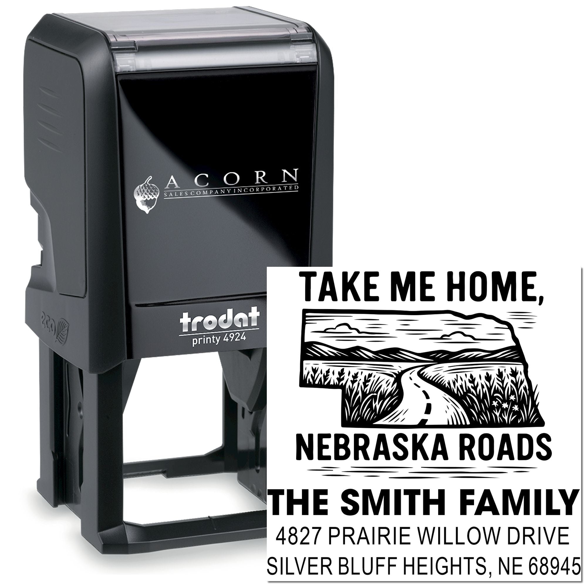 Custom self-inking rubber address stamp with Nebraska Roads design for The Smith Family, ideal for personalized mail and gifts.